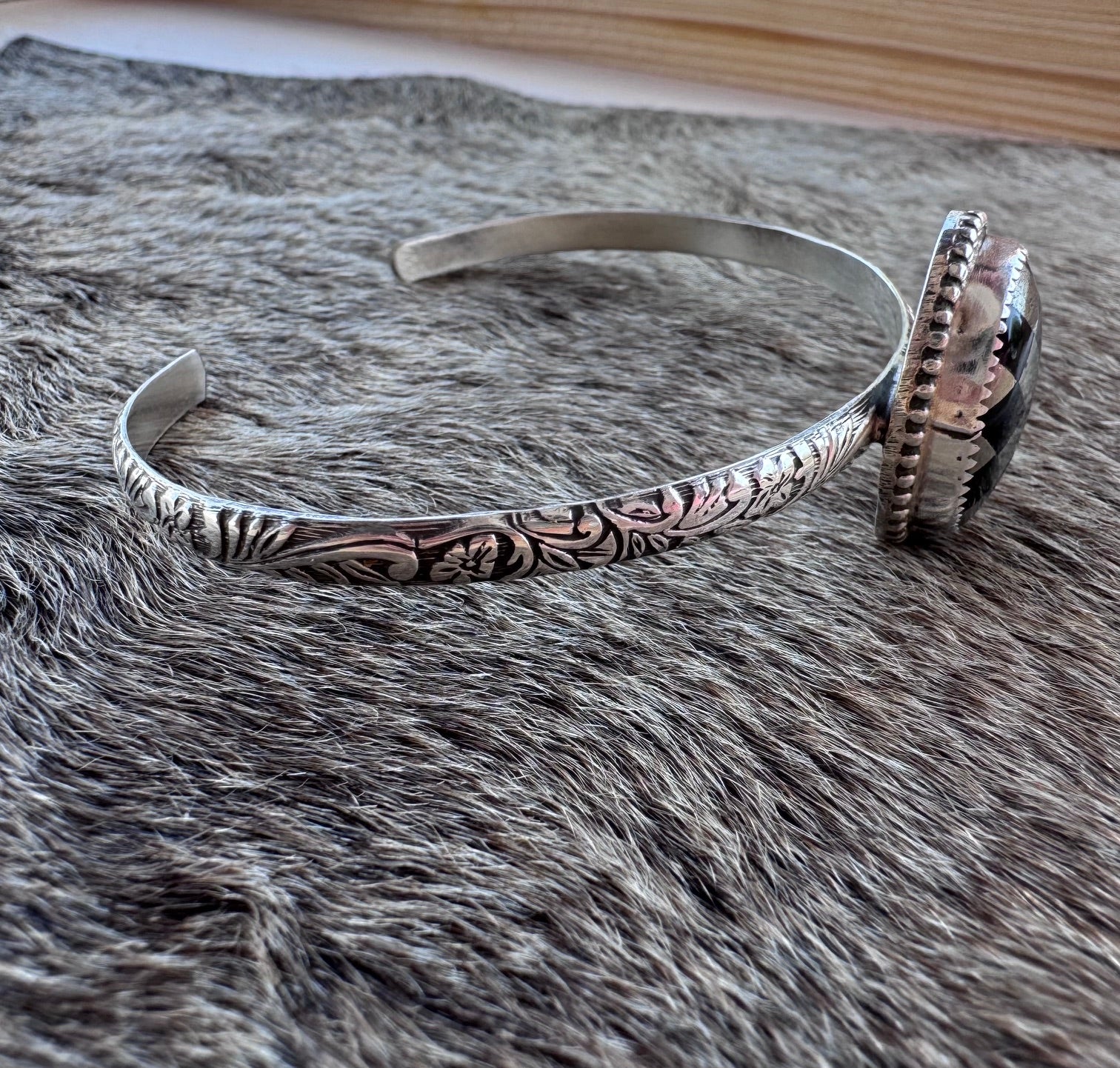 Handmade Sterling Silver & Pyrite, Black Onyx Checkered Cuff by Roaming Buffalo