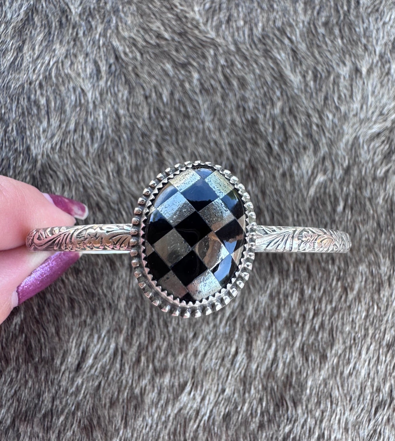 Handmade Sterling Silver & Pyrite, Black Onyx Checkered Cuff by Roaming Buffalo