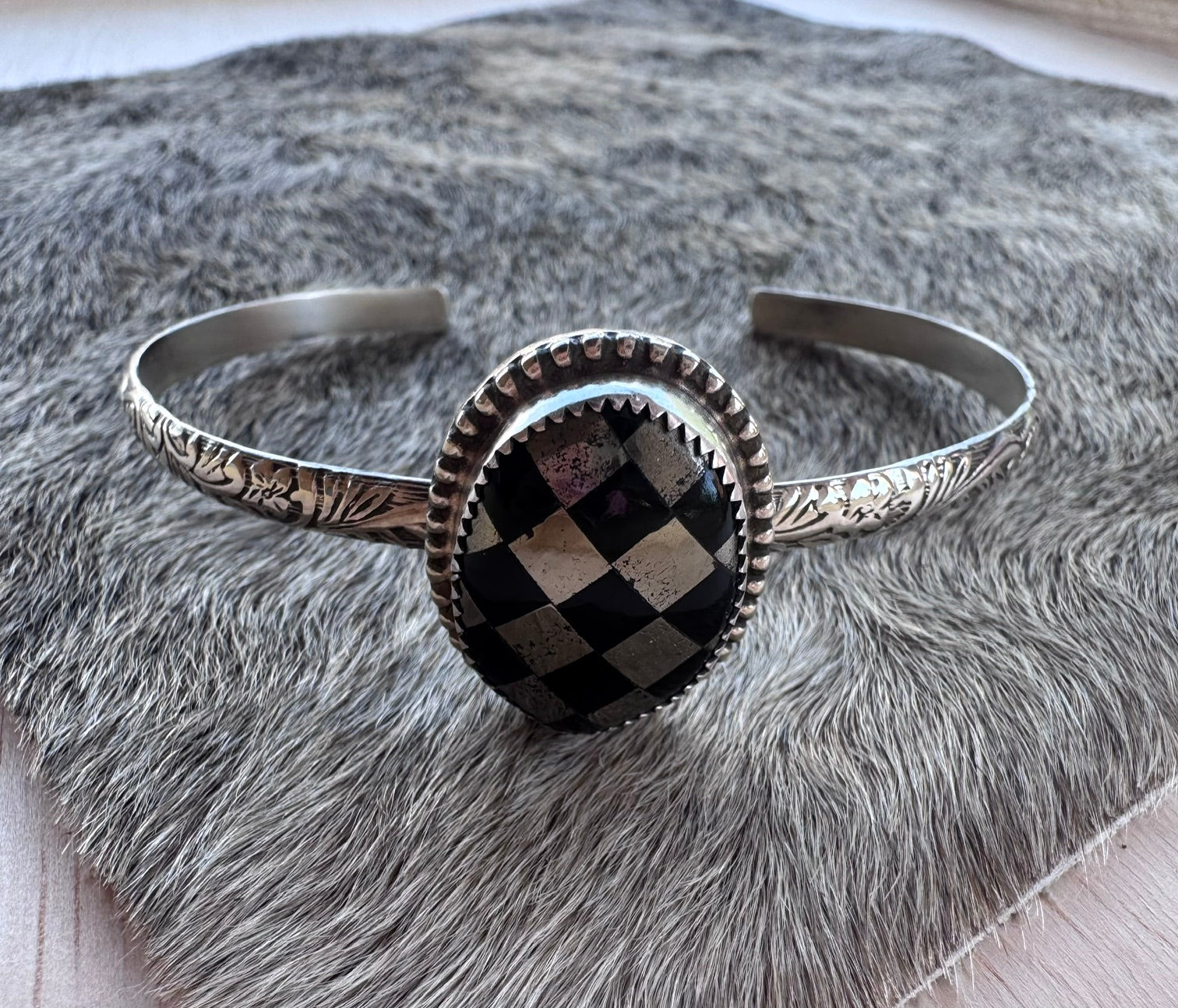 Handmade Sterling Silver & Pyrite, Black Onyx Checkered Cuff by Roaming Buffalo
