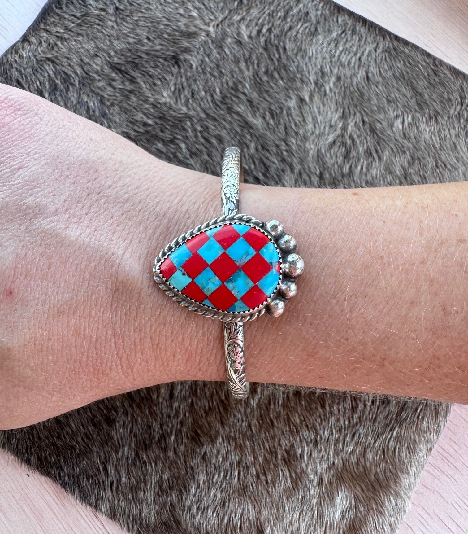 Handmade Sterling Silver & Kingman, Rosarita Checkered Cuff by Roaming Buffalo
