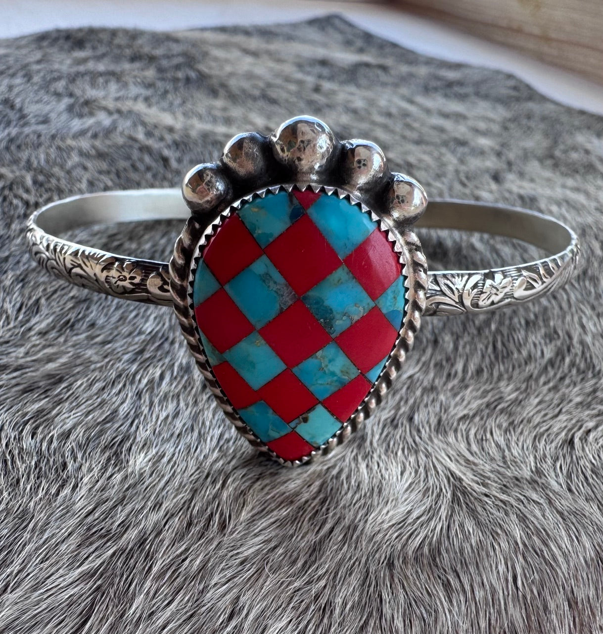 Handmade Sterling Silver & Kingman, Rosarita Checkered Cuff by Roaming Buffalo
