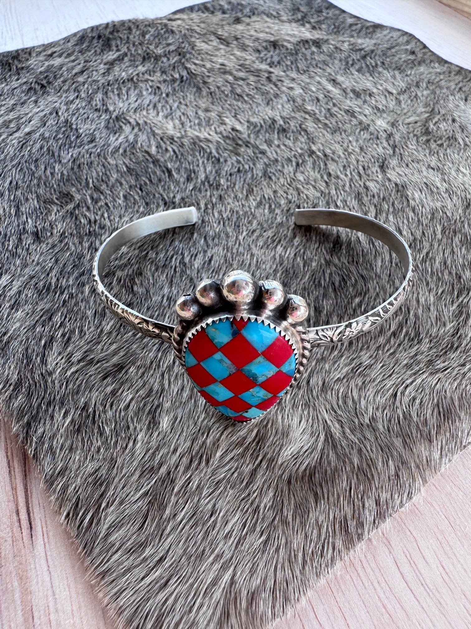 Handmade Sterling Silver & Kingman, Rosarita Checkered Cuff by Roaming Buffalo