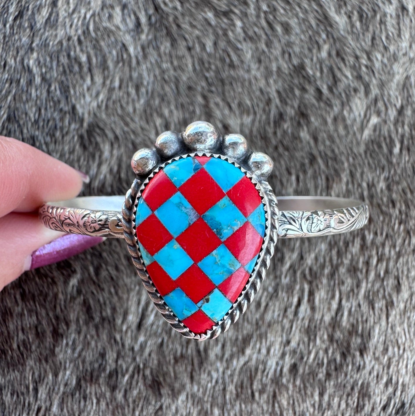 Handmade Sterling Silver & Kingman, Rosarita Checkered Cuff by Roaming Buffalo