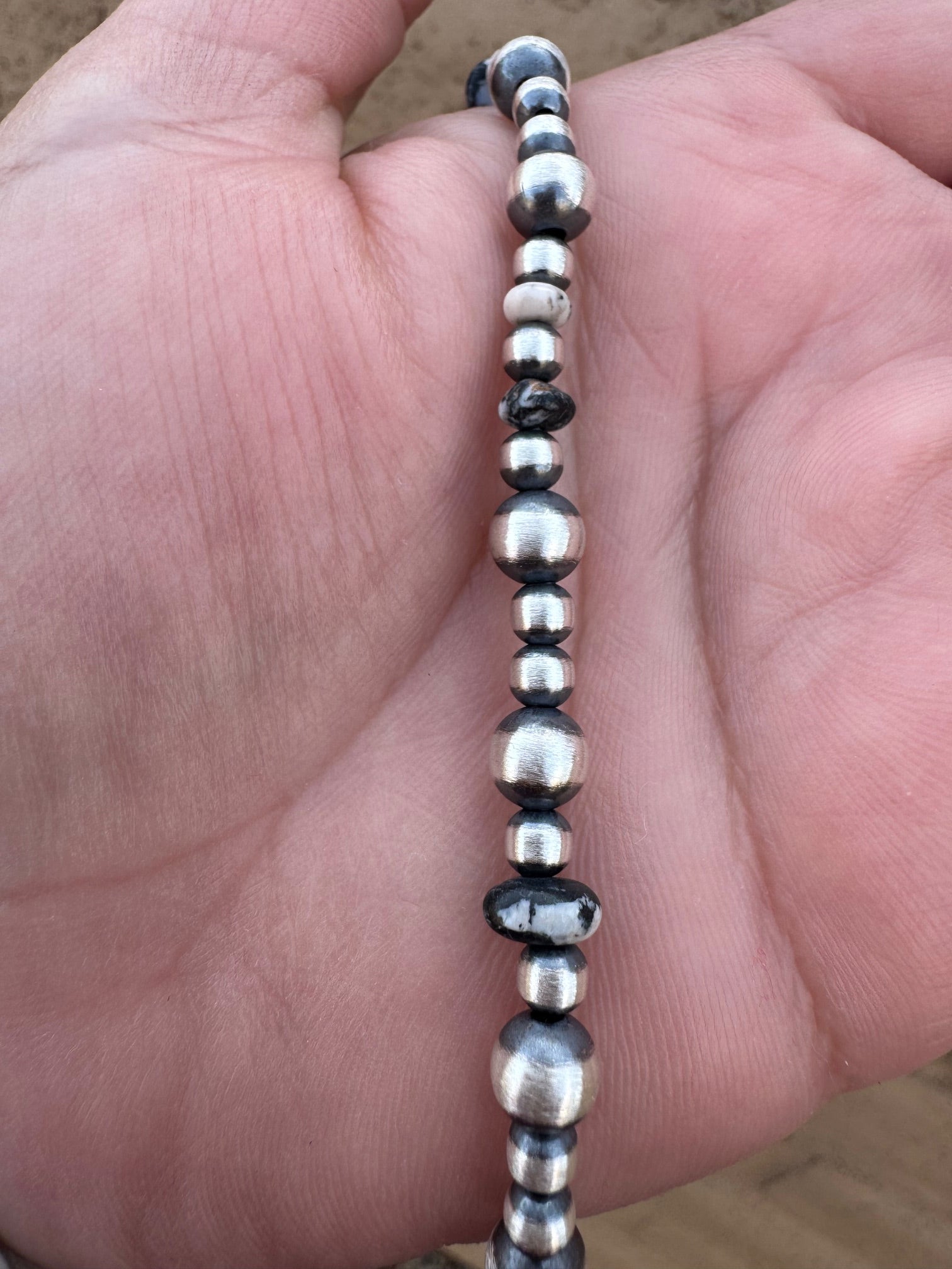 Handcrafted White Buffalo & Sterling Silver Pearl 4 & 6mm Beaded Bracelet 7.5"