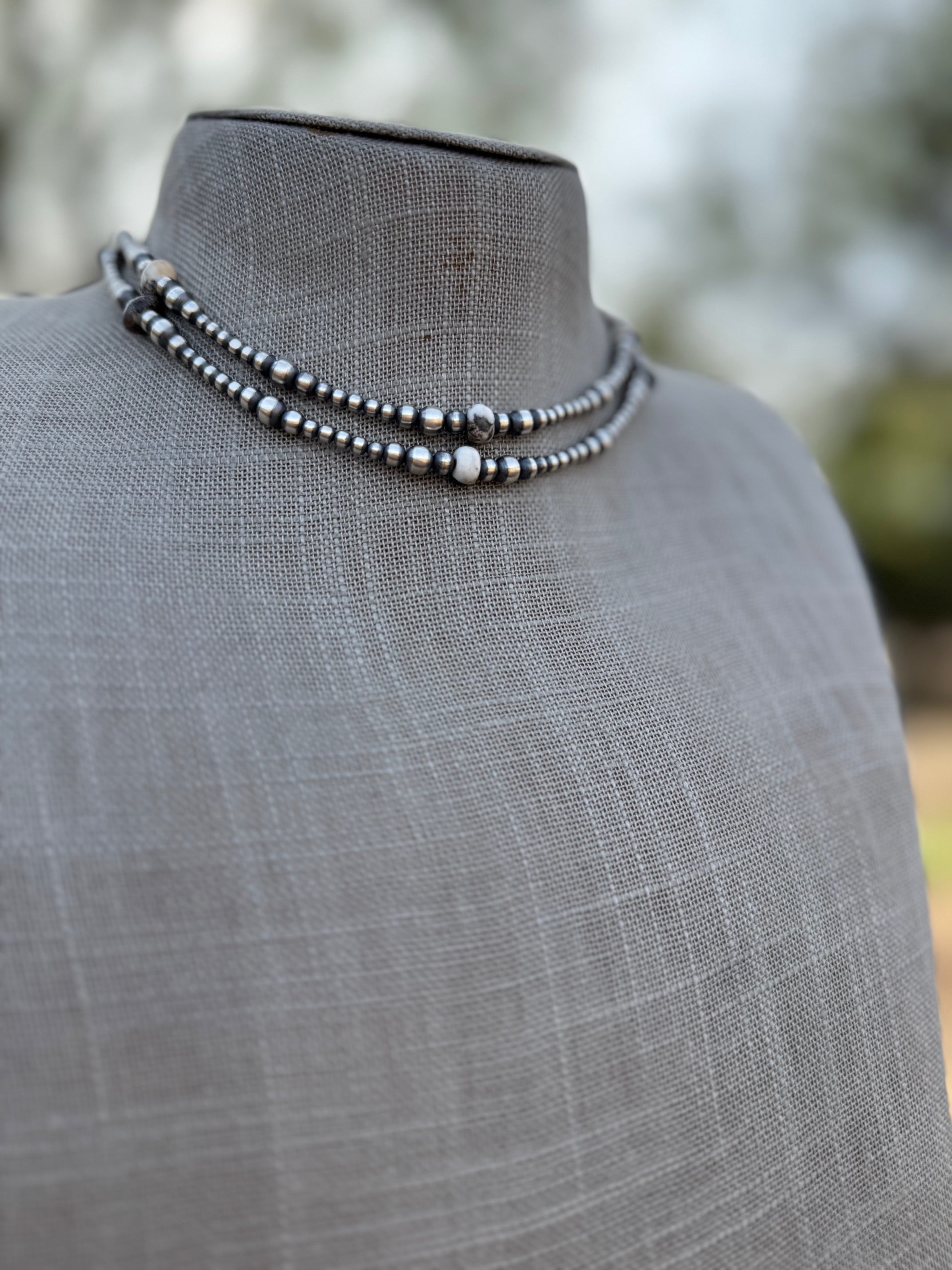 Handcrafted Sterling Silver & White Buffalo 3-5mm Beaded Necklace 14"