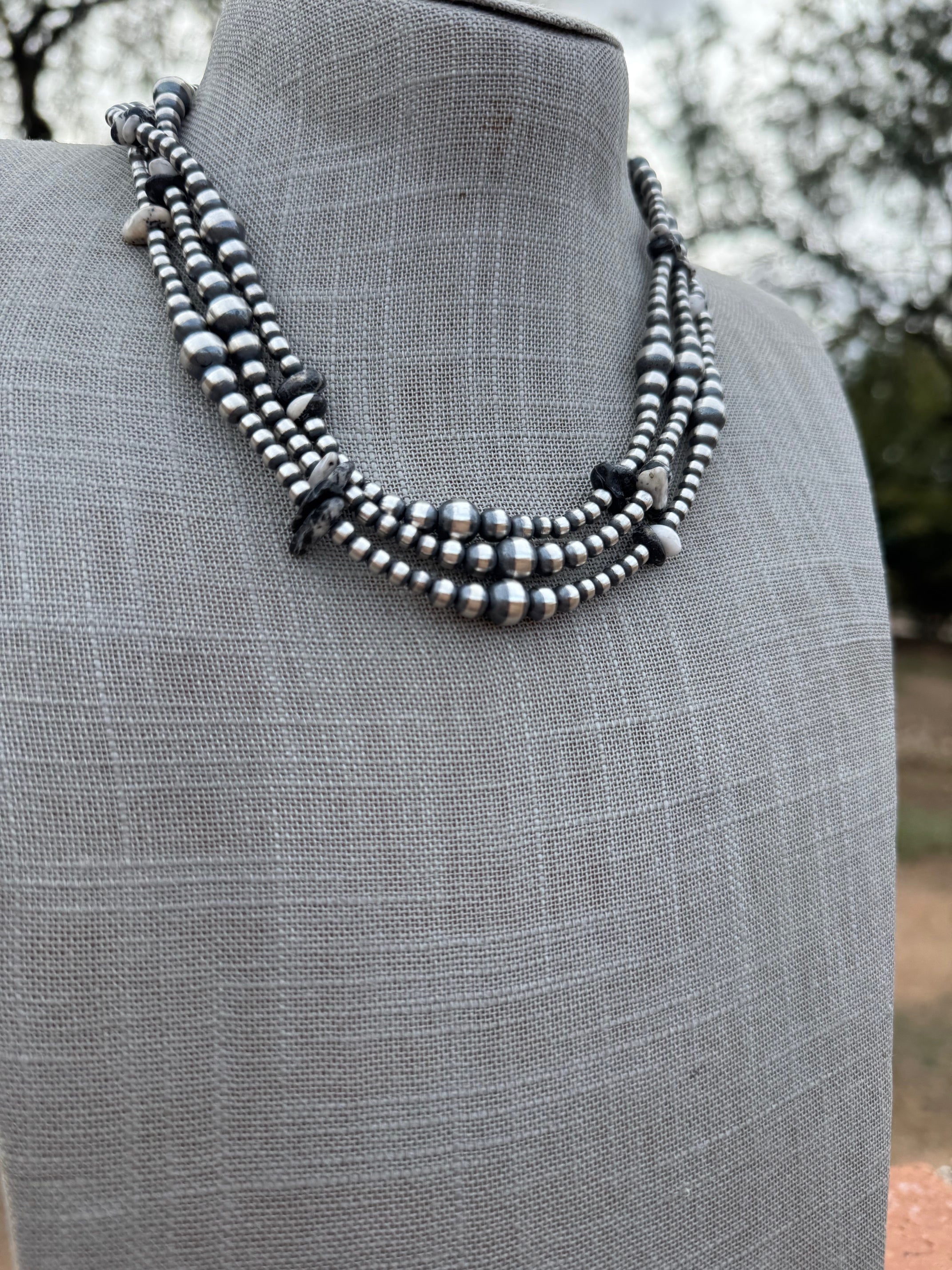 Handcrafted Sterling Silver & White Buffalo 3-8mm Beaded Necklace 18"