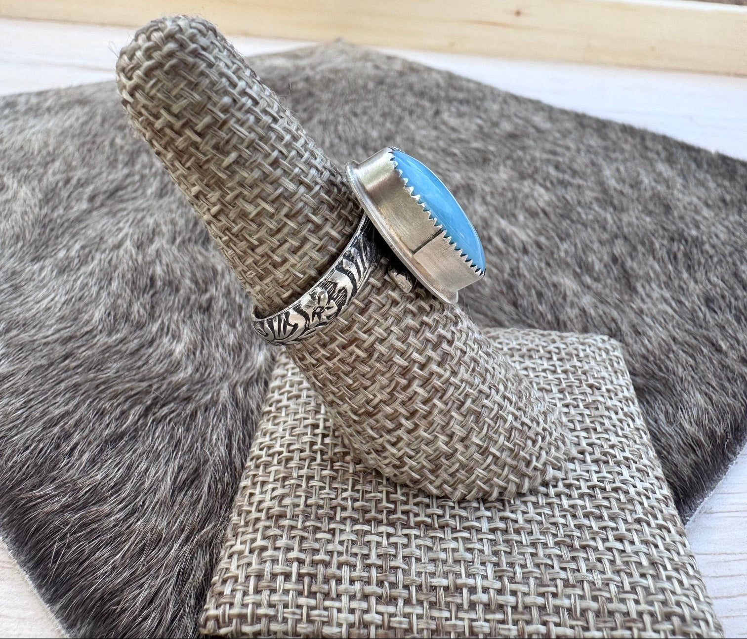 Handmade Sterling Silver & Larimar Adjustable Ring by Roaming Buffalo