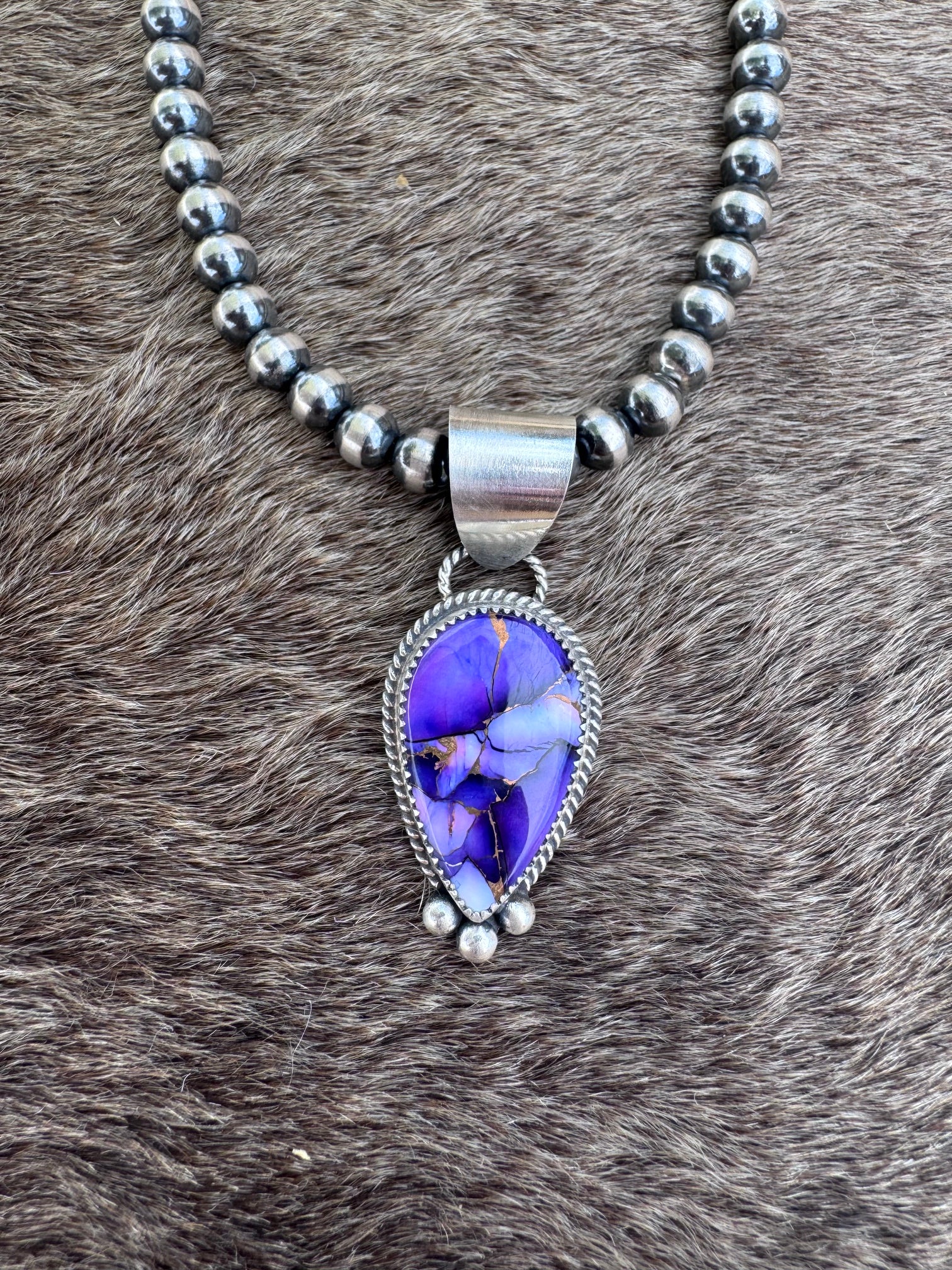 Handmade Sterling Silver Purple Mojave Tear Drop Ball Pendant by Roaming Buffalo