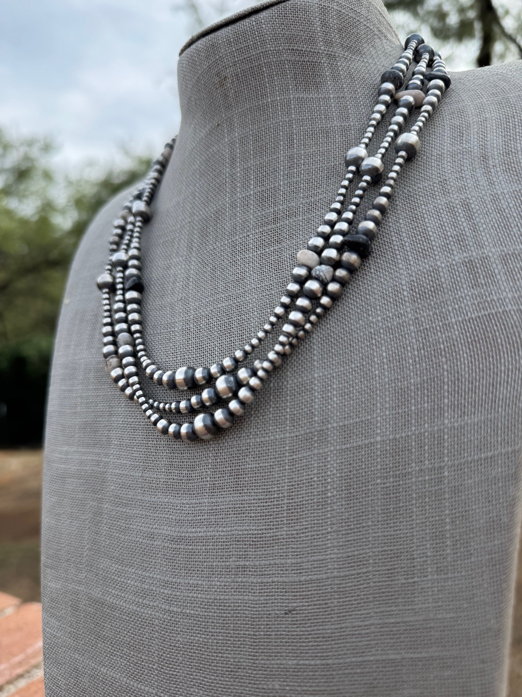 Handcrafted Sterling Silver & White Buffalo 3-8mm Beaded Necklace 20"