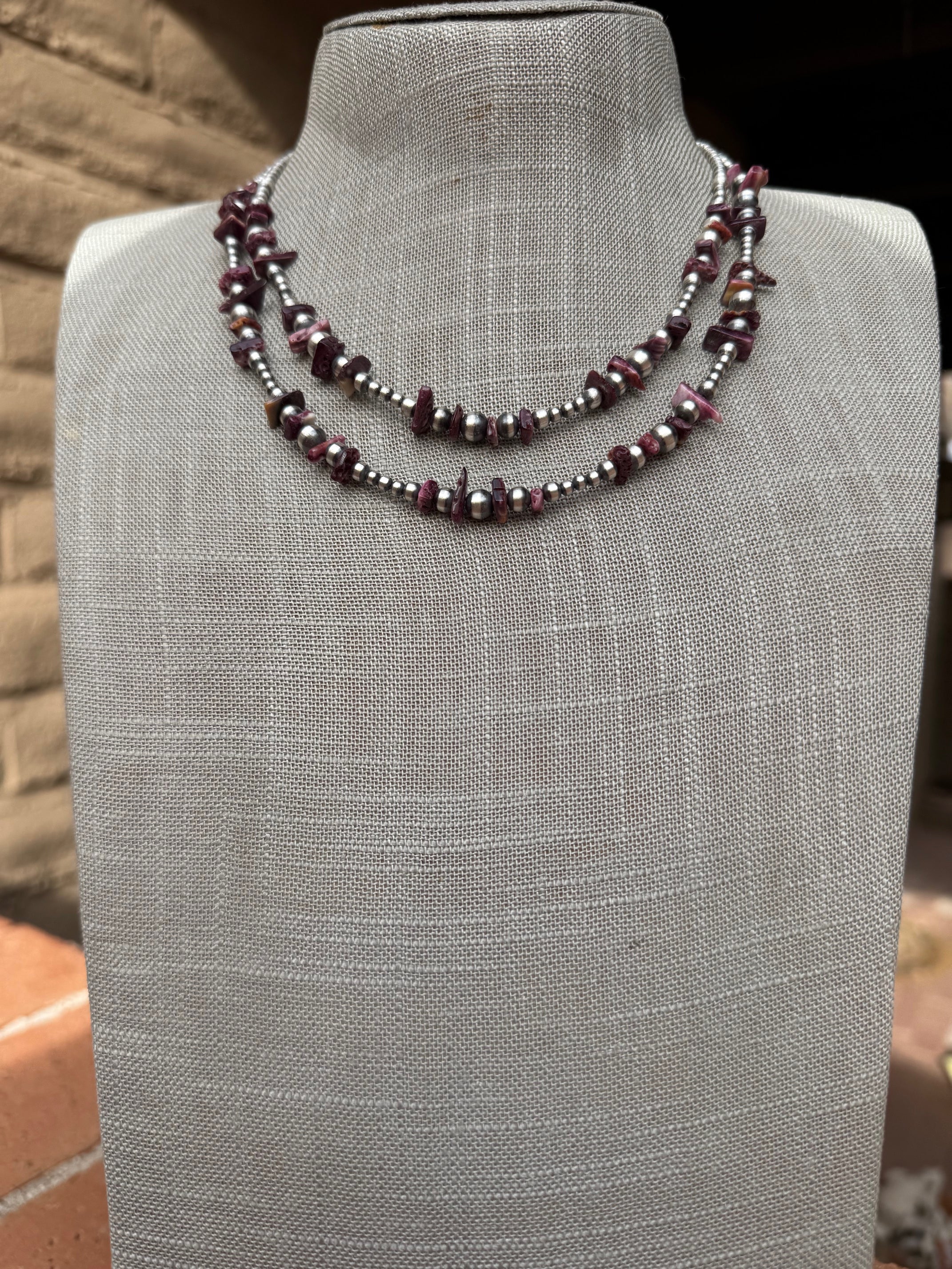 Handcrafted Sterling Silver Pearl & Purple Spiny 3-6mm Beaded Necklace