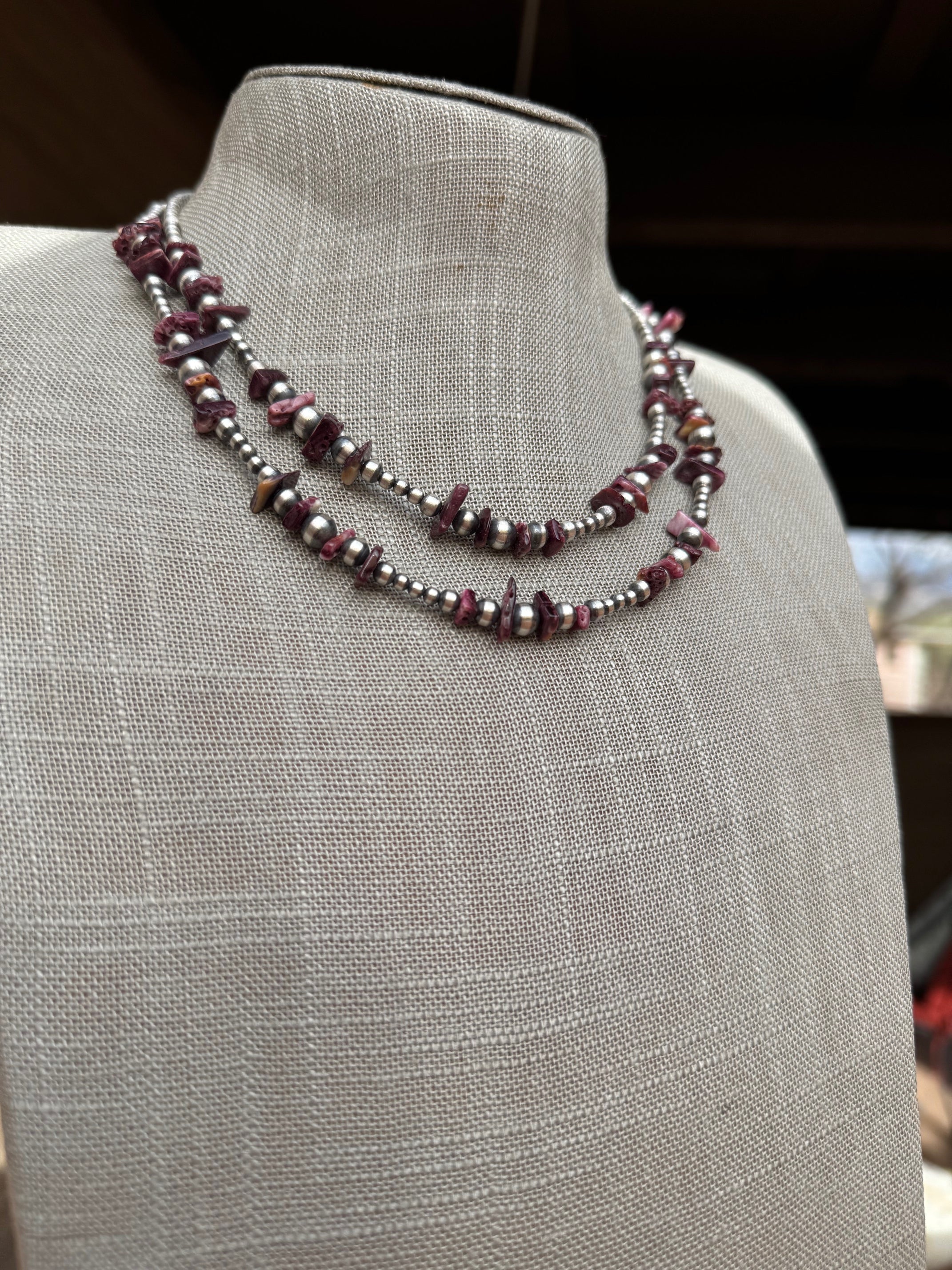 Handcrafted Sterling Silver Pearl & Purple Spiny 3-6mm Beaded Necklace