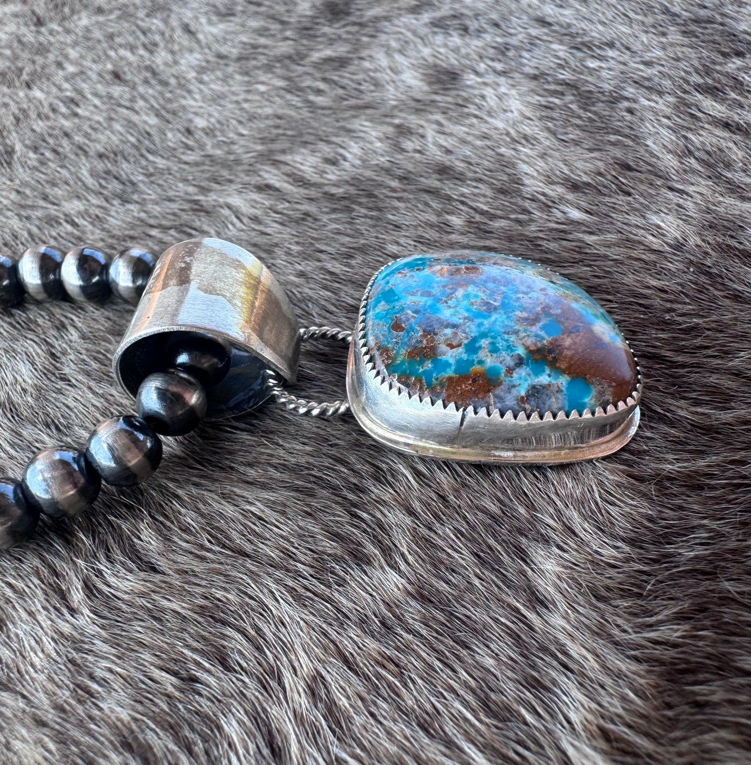 Handmade Sterling Silver Fox Turquoise Pendant by Roaming Buffalo