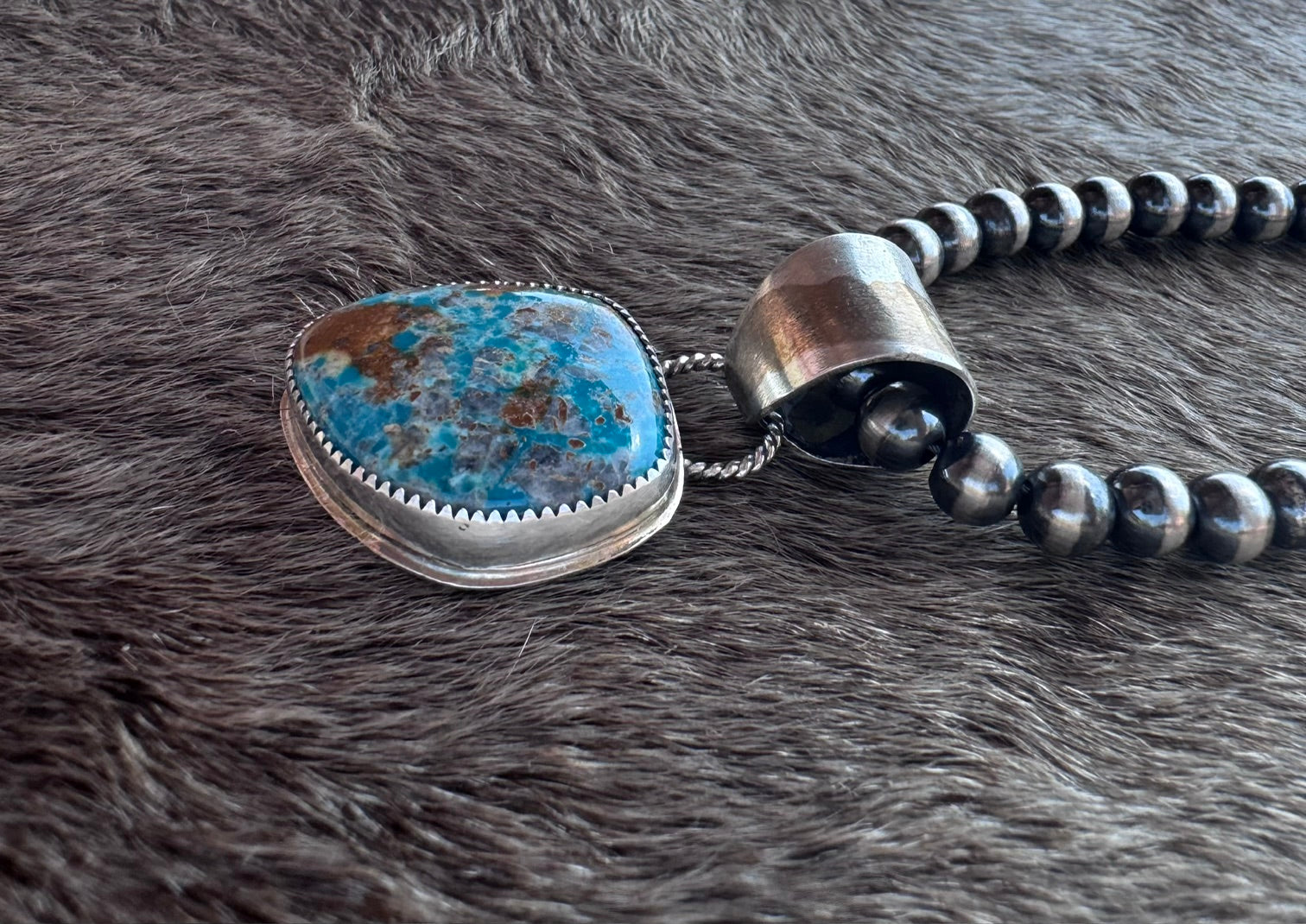 Handmade Sterling Silver Fox Turquoise Pendant by Roaming Buffalo