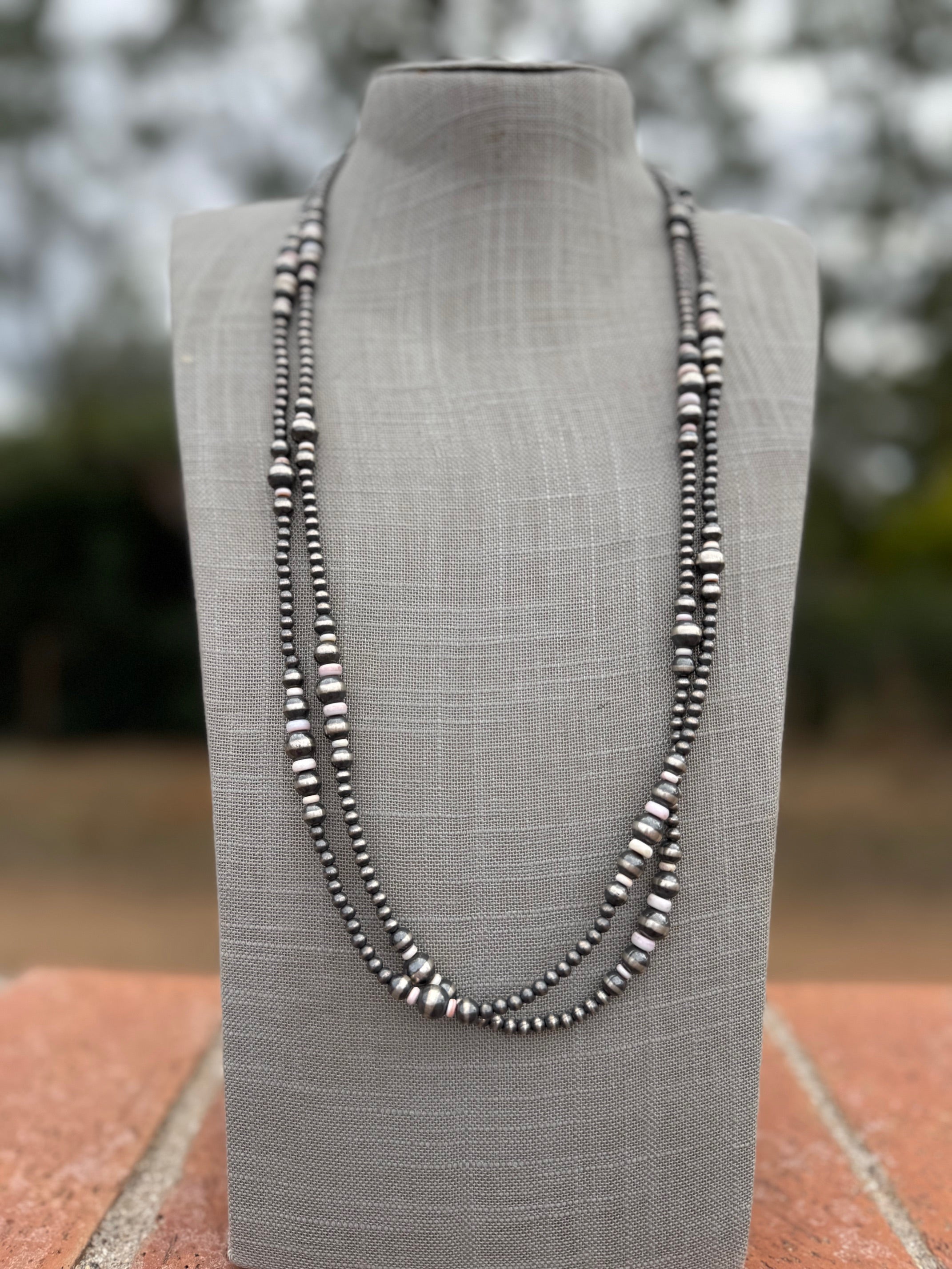 Handcrafted Pink Conch & Sterling Silver Pearl 4-8mm Beaded Necklace 60"