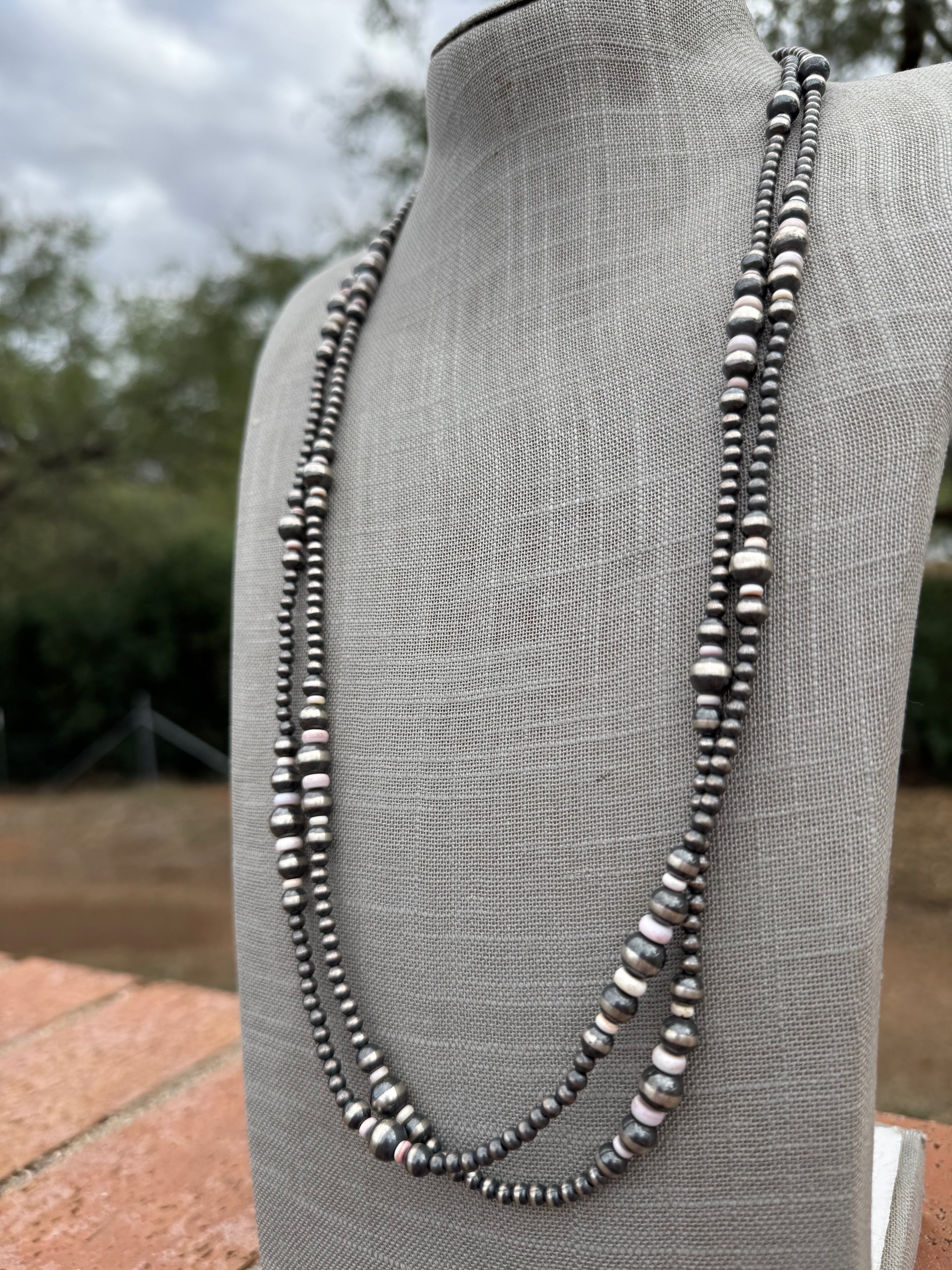 Handcrafted Pink Conch & Sterling Silver Pearl 4-8mm Beaded Necklace 60"