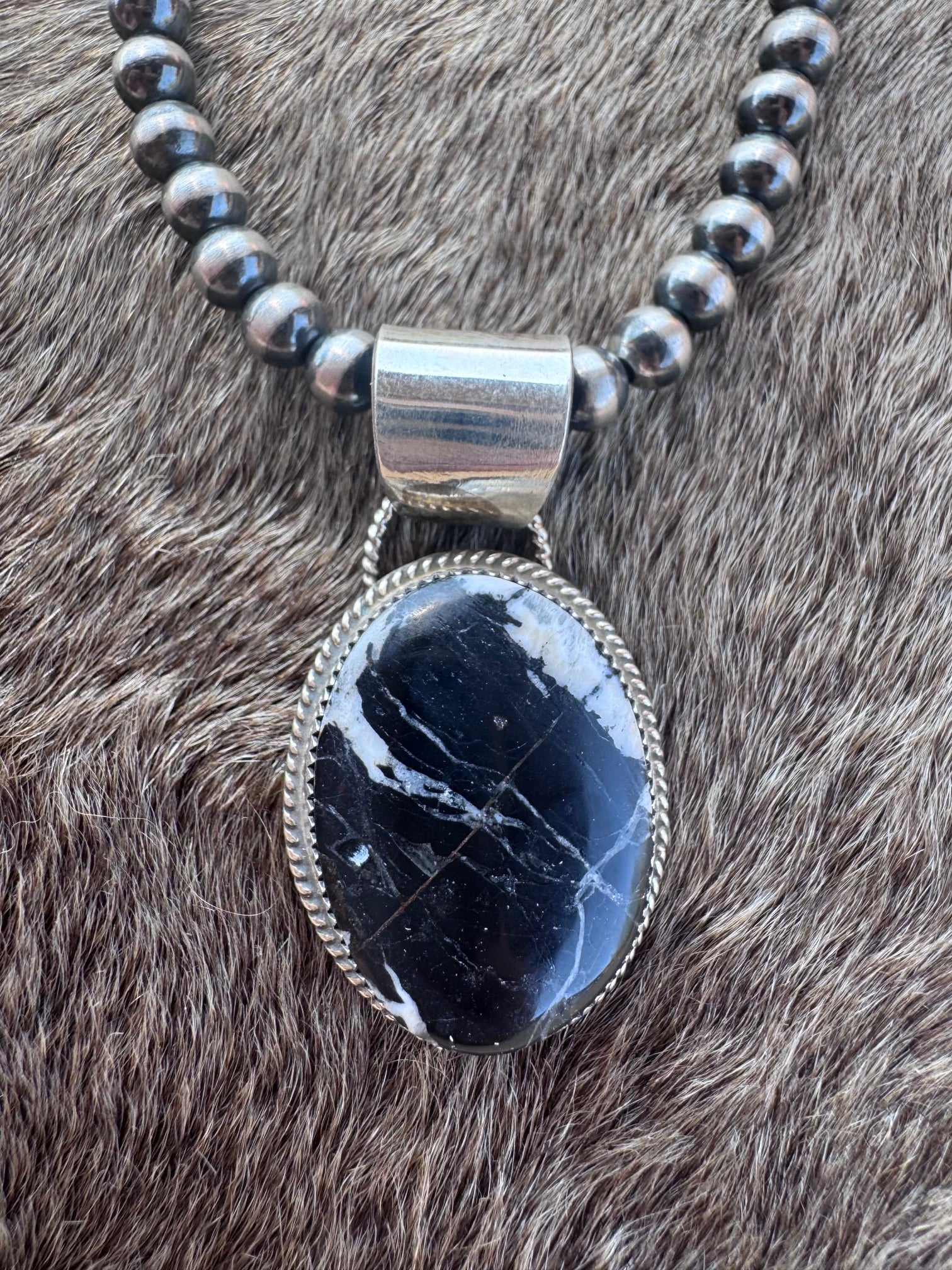 Handmade Sterling Silver White Buffalo Large Oval Turquoise Pendant by Roaming Buffalo