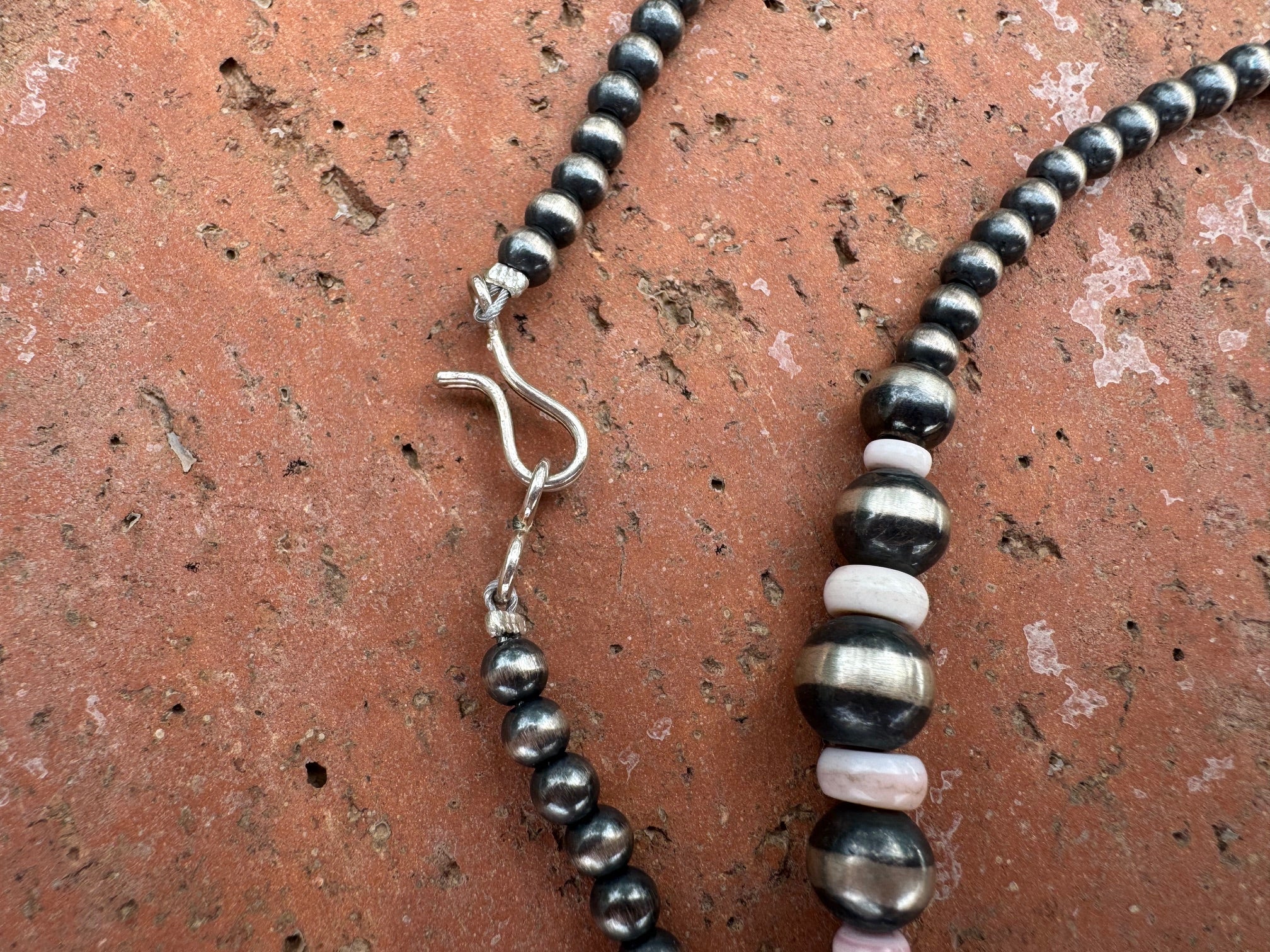 Handcrafted Pink Conch & Sterling Silver Pearl 4-8mm Beaded Necklace 60"