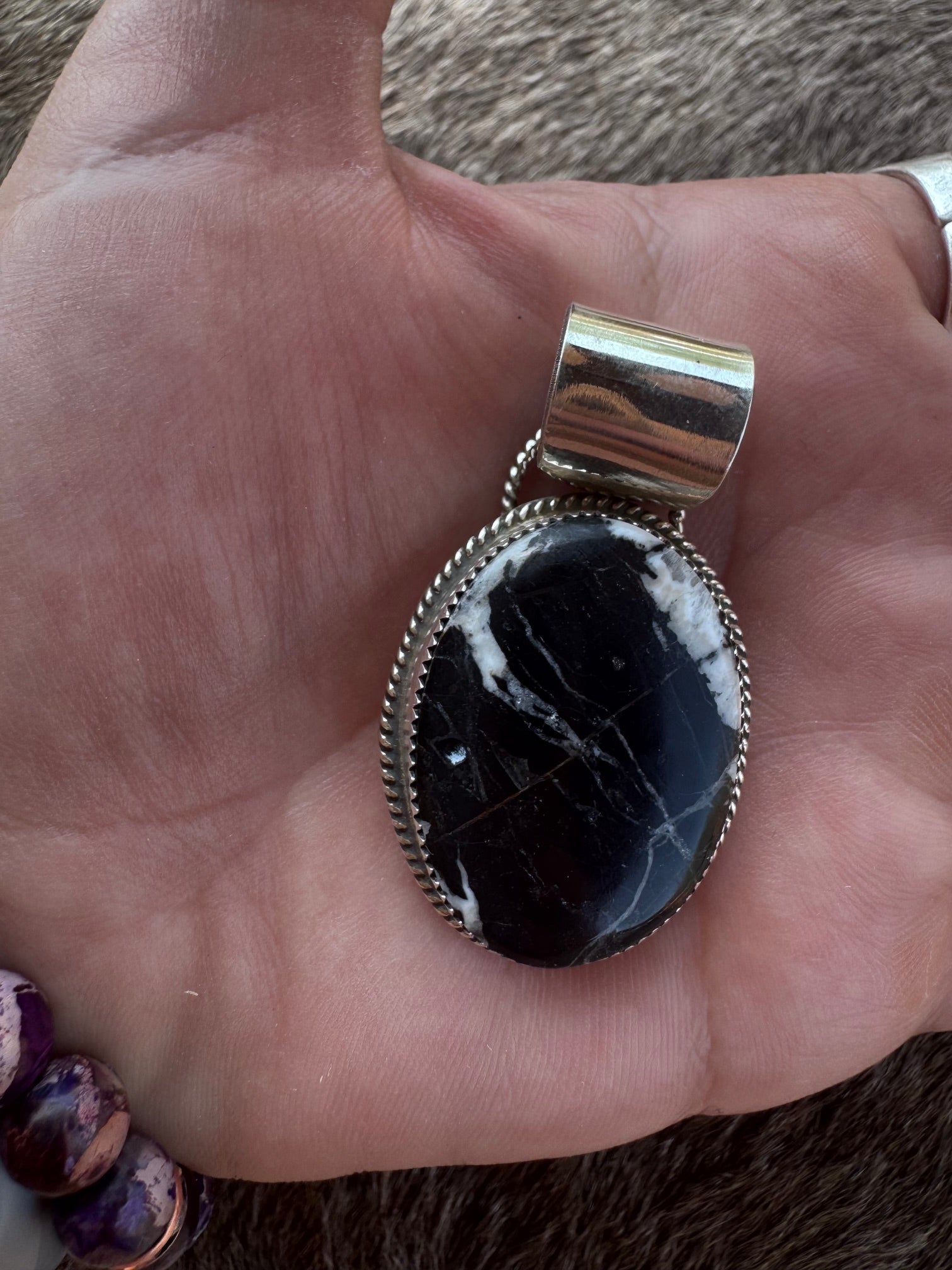 Handmade Sterling Silver White Buffalo Large Oval Turquoise Pendant by Roaming Buffalo