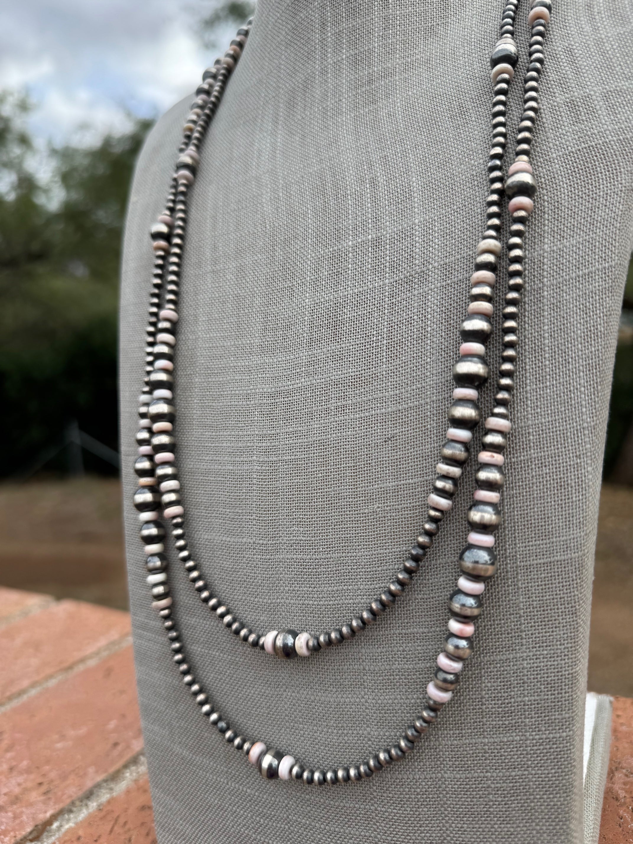 Handcrafted Pink Conch & Sterling Silver Pearl 4-8mm Beaded Necklace 60"