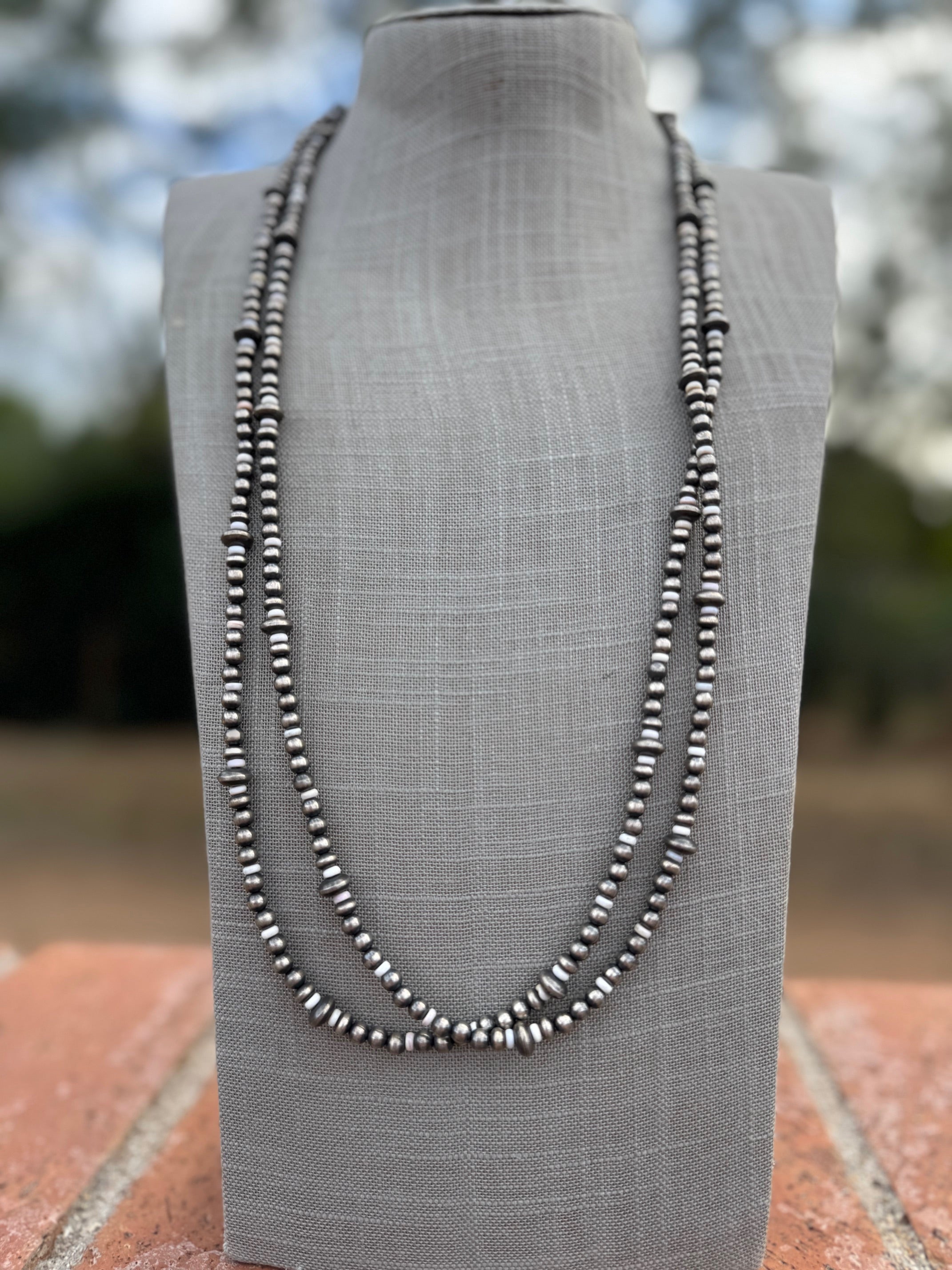 Handcrafted Pink Conch & Sterling Silver 4-8mm Beaded Necklace 60"