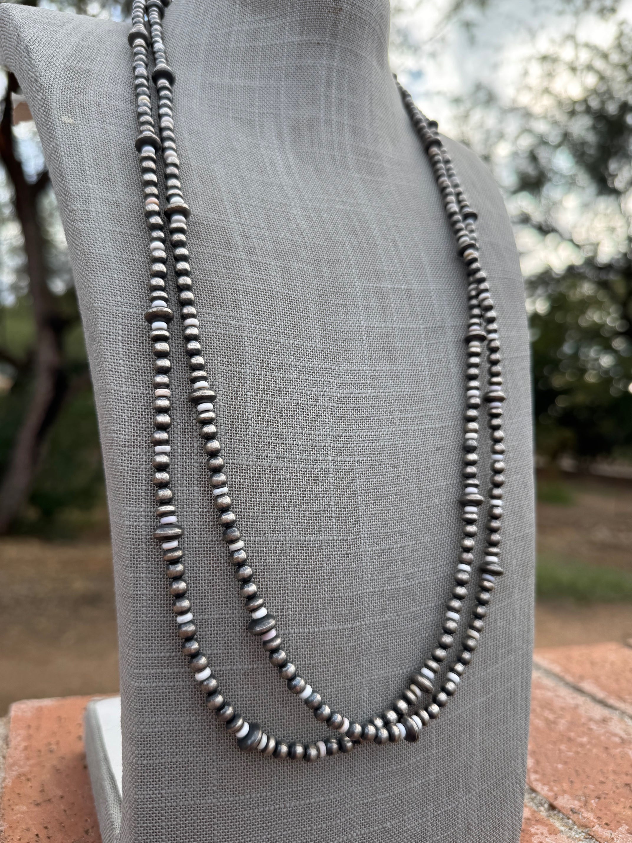 Handcrafted Pink Conch & Sterling Silver 4-8mm Beaded Necklace 60"