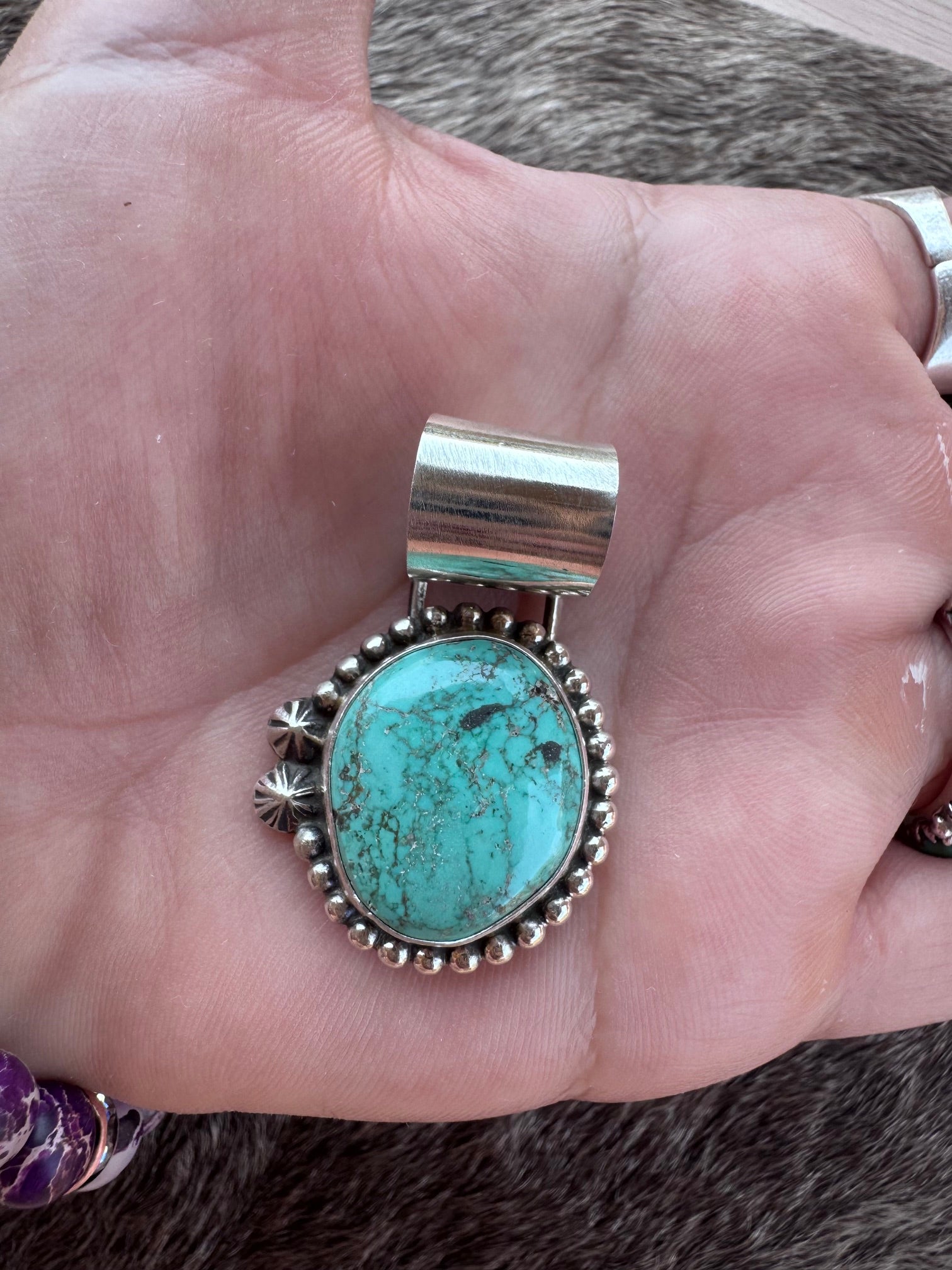 Handmade Sterling Silver Carico Lake Turquoise Stamped Ball Pendant by Roaming Buffalo