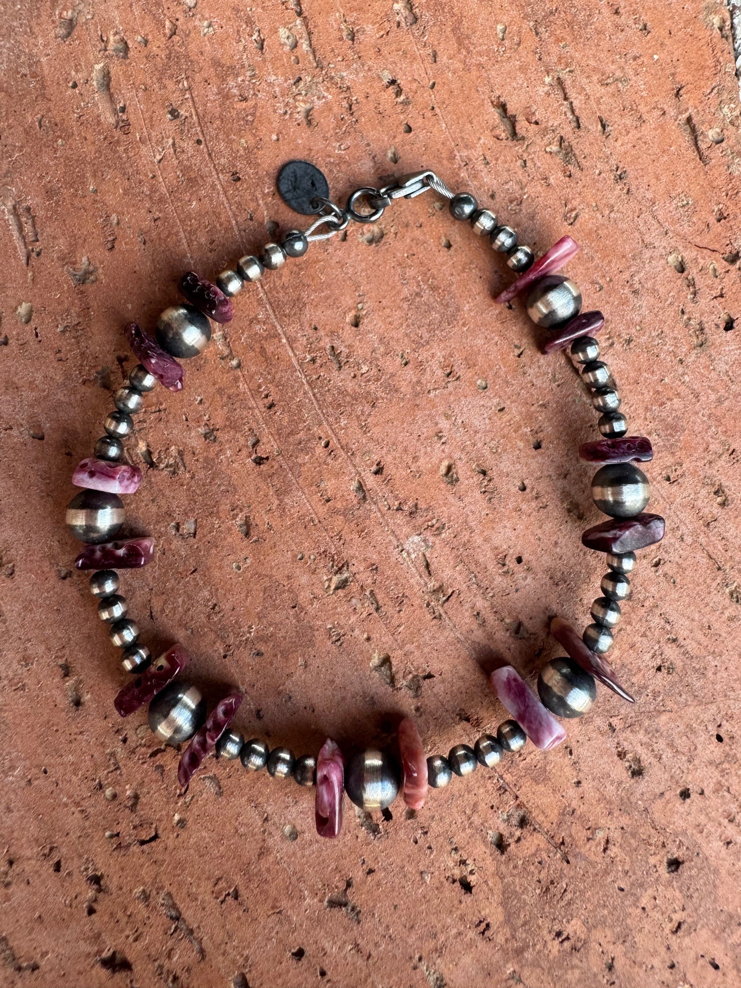 Handcrafted Flat Purple Spiny & Sterling Silver Pearl 3mm & 6mm Beaded Bracelet 7.5"