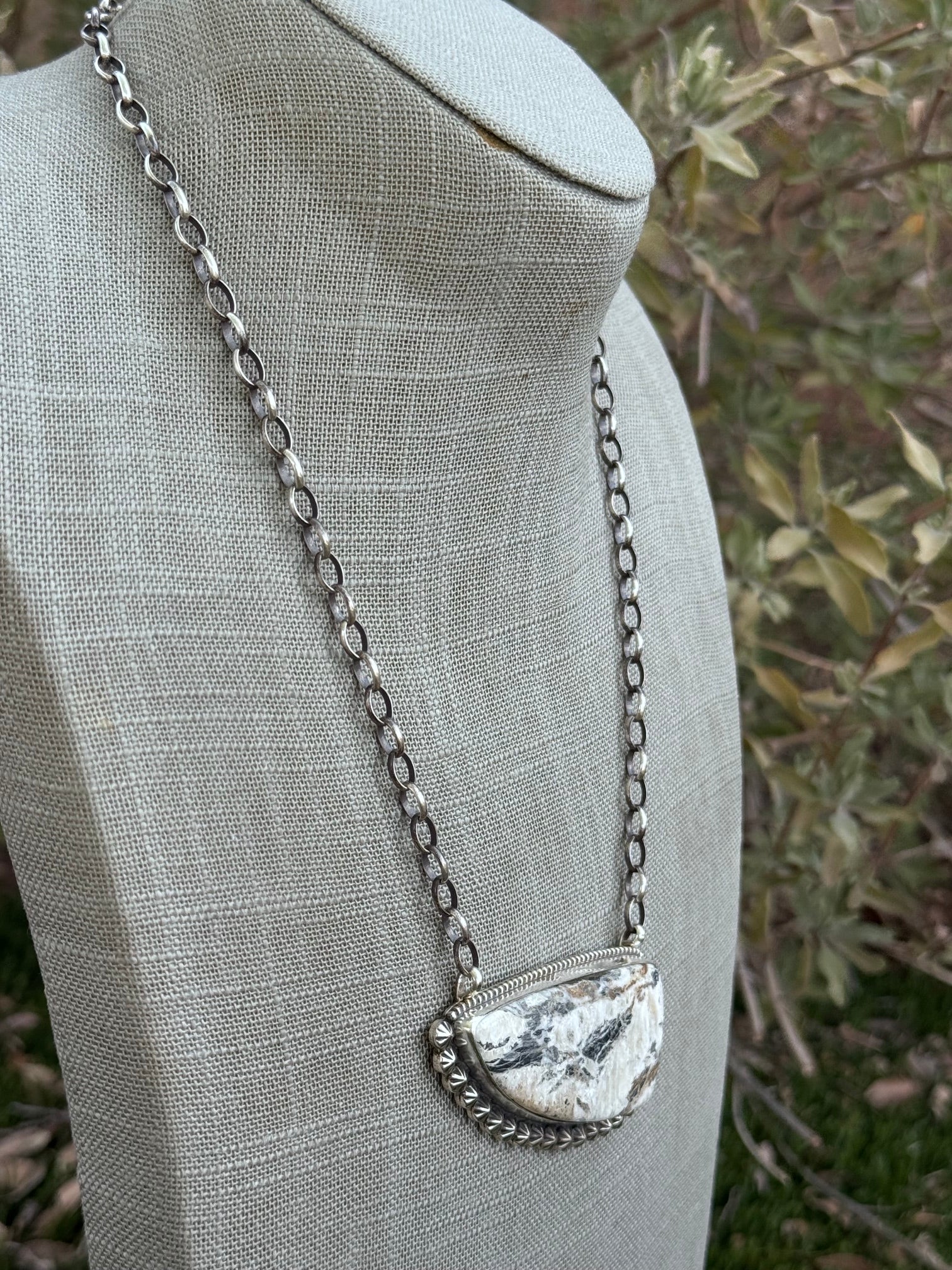 Handmade Sterling Silver White Buffalo Statement Stone 19.75" Necklace by Roaming Buffalo