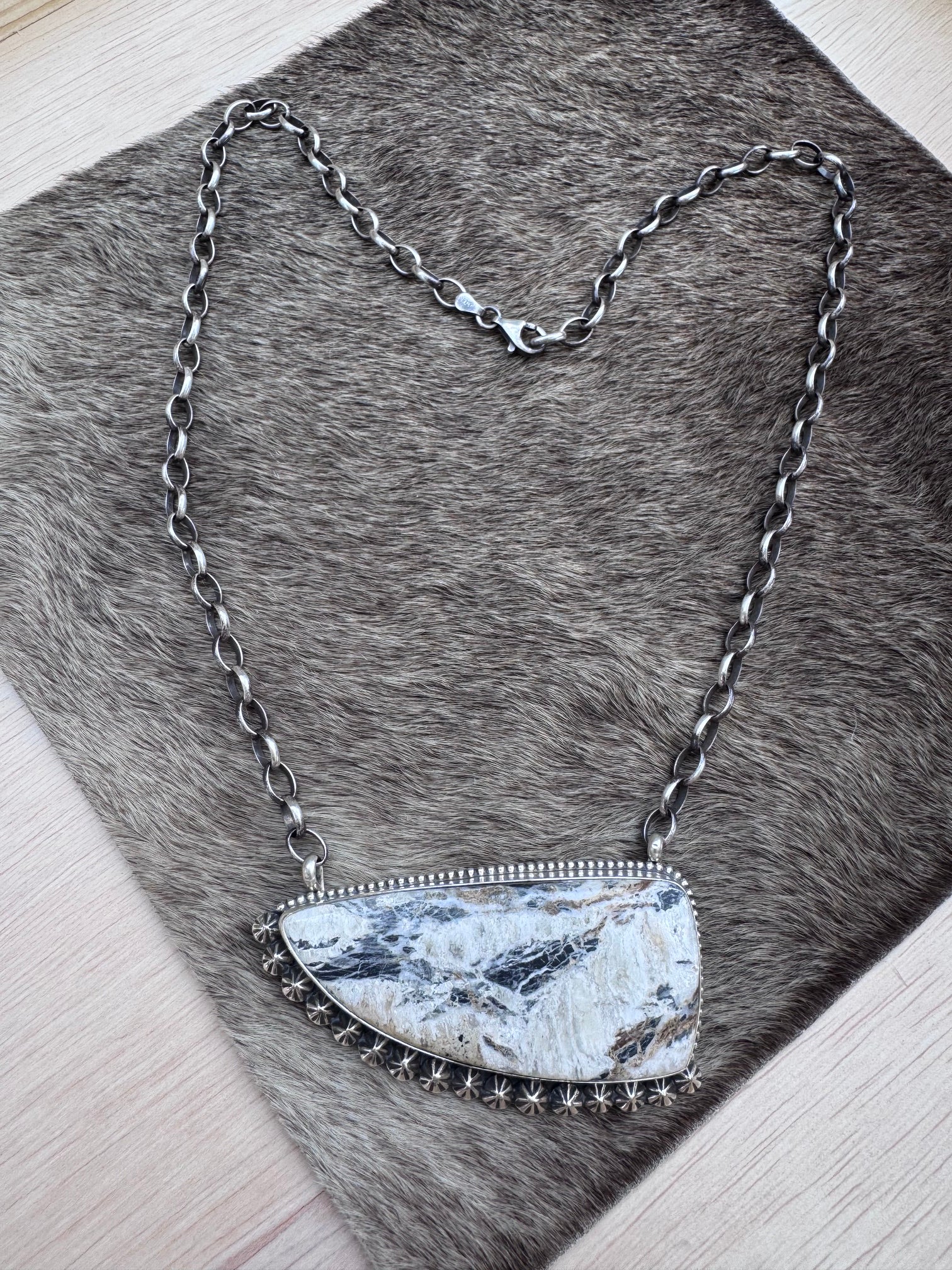 Handmade Sterling Silver White Buffalo Statement Stone 19.75" Necklace by Roaming Buffalo