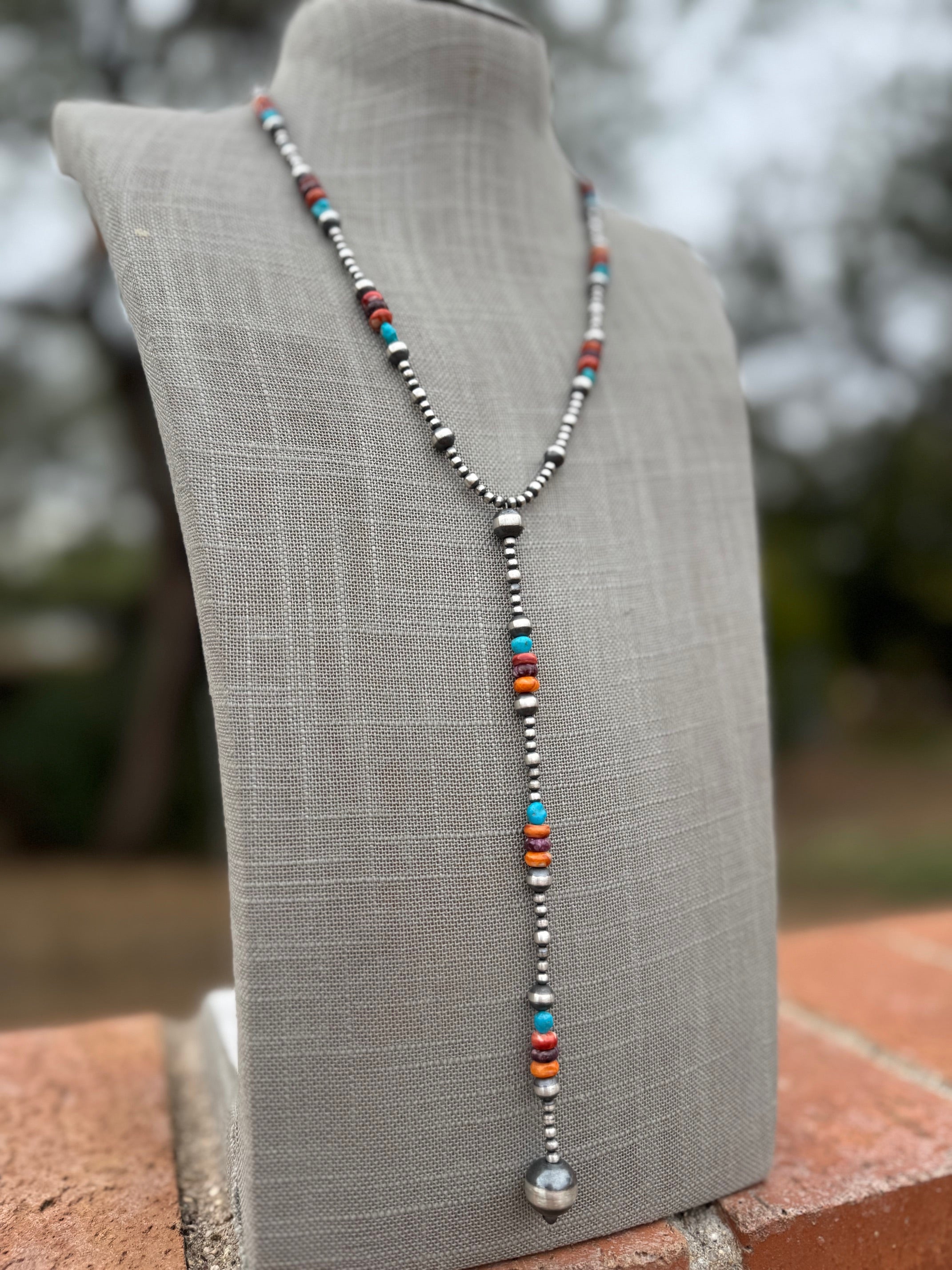 Handcrafted Sterling Silver & Multi Stone Beaded Lariat Necklace 20"