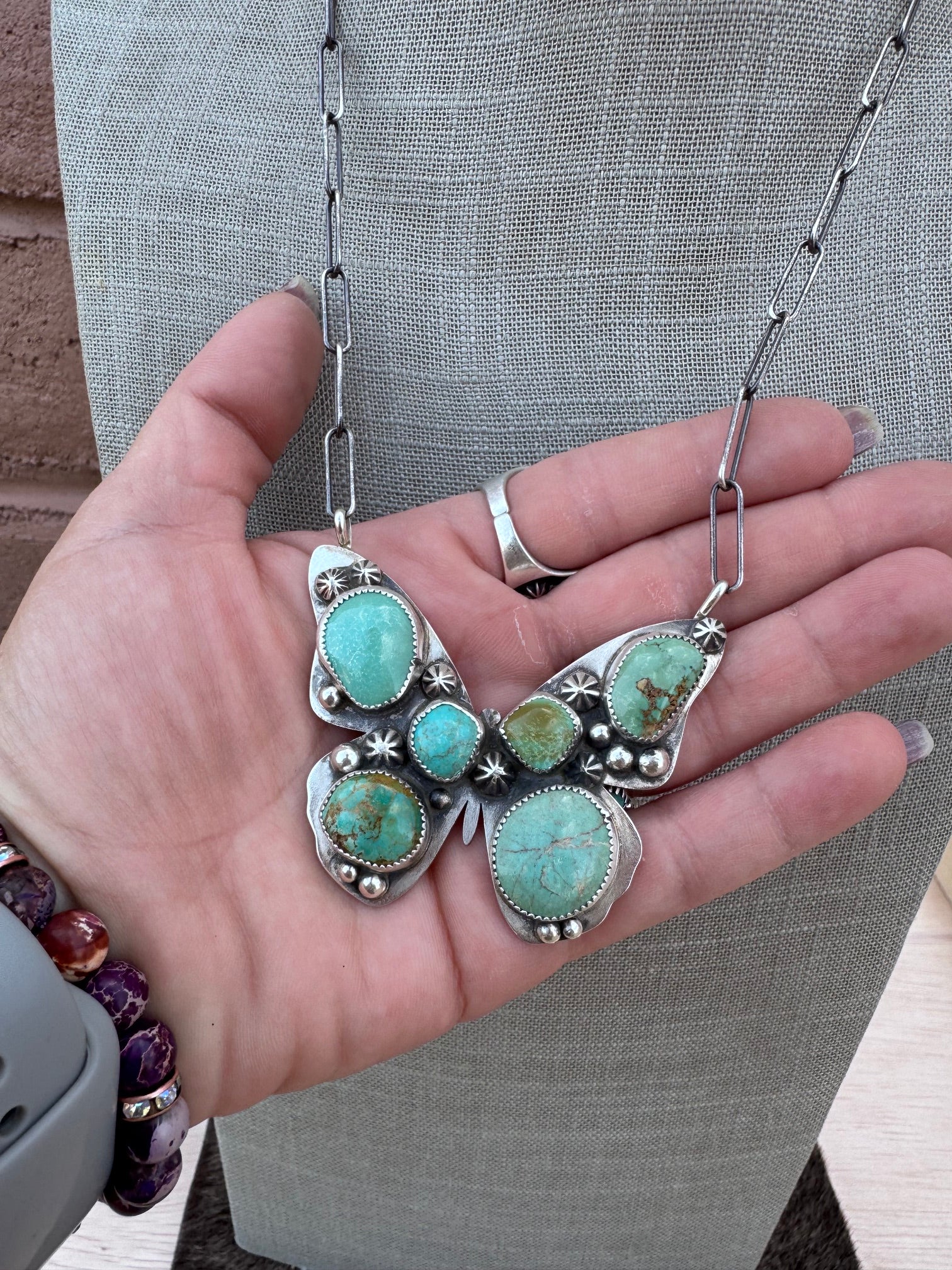 Handmade Sterling Silver & Mixed Media Turquoise Butterfly 19.75" Necklace by Roaming Buffalo