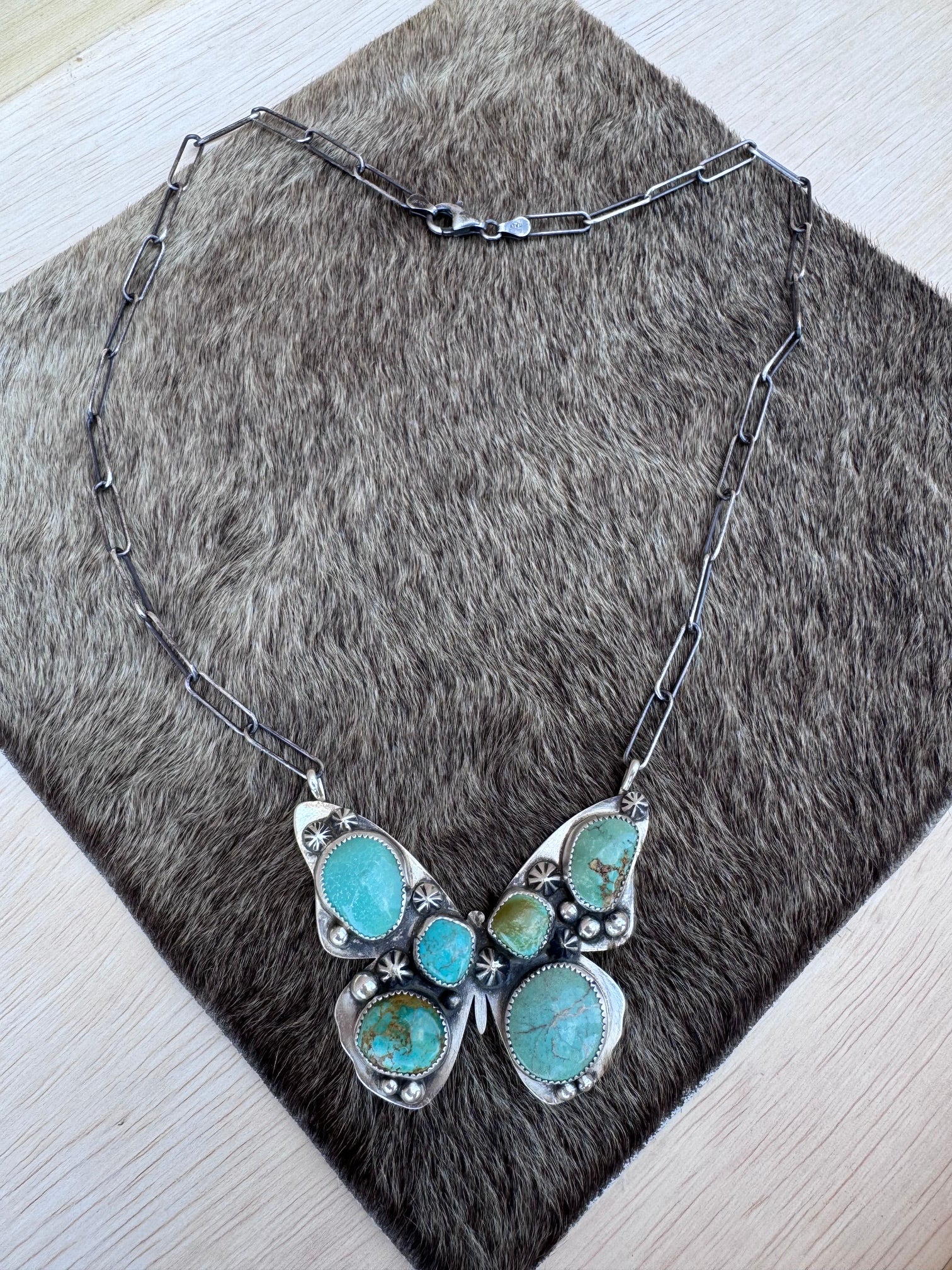 Handmade Sterling Silver & Mixed Media Turquoise Butterfly 19.75" Necklace by Roaming Buffalo