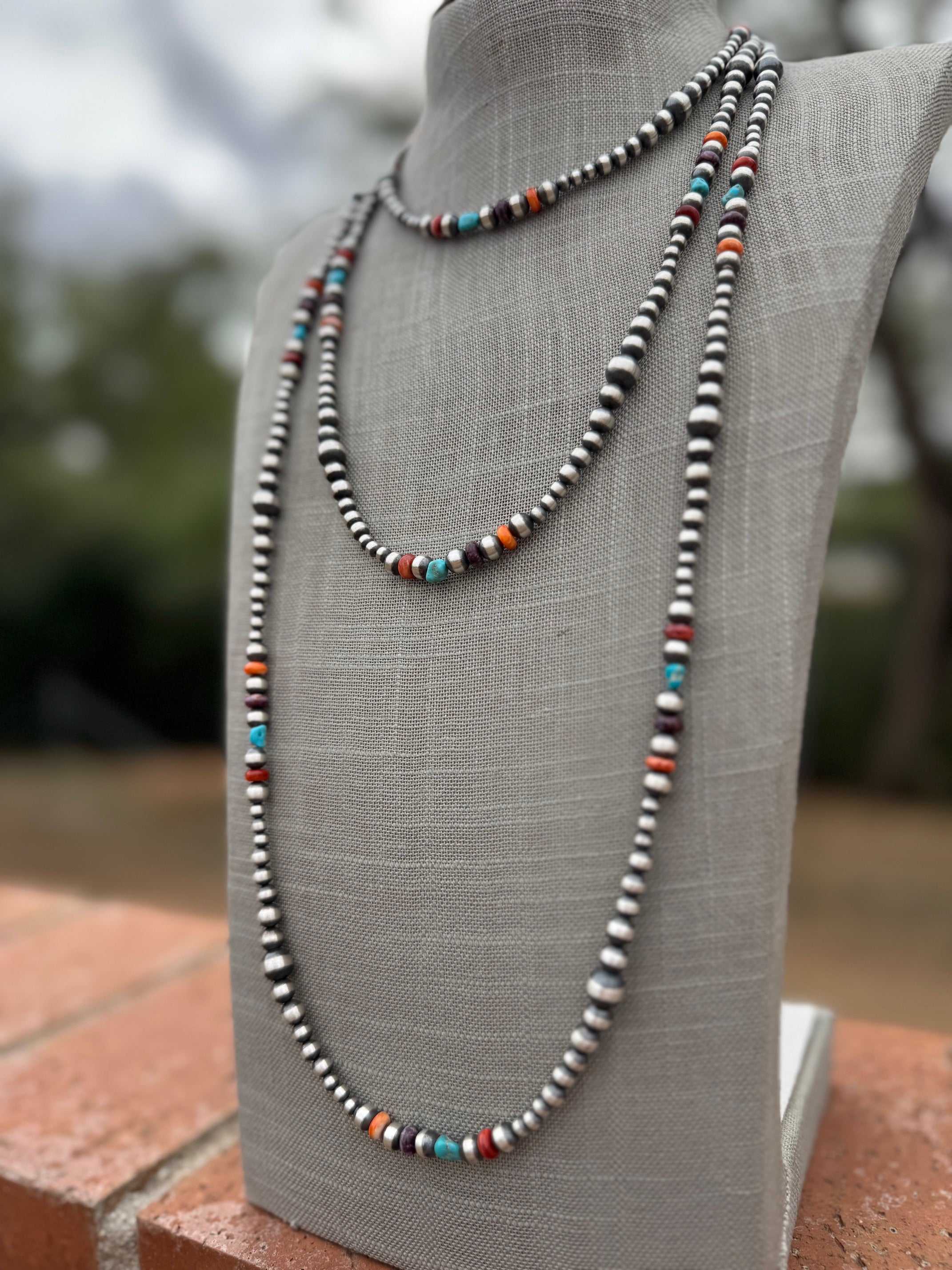 Handcrafted Multi Stone & Sterling Silver 4-8mm Beaded Necklace 72"