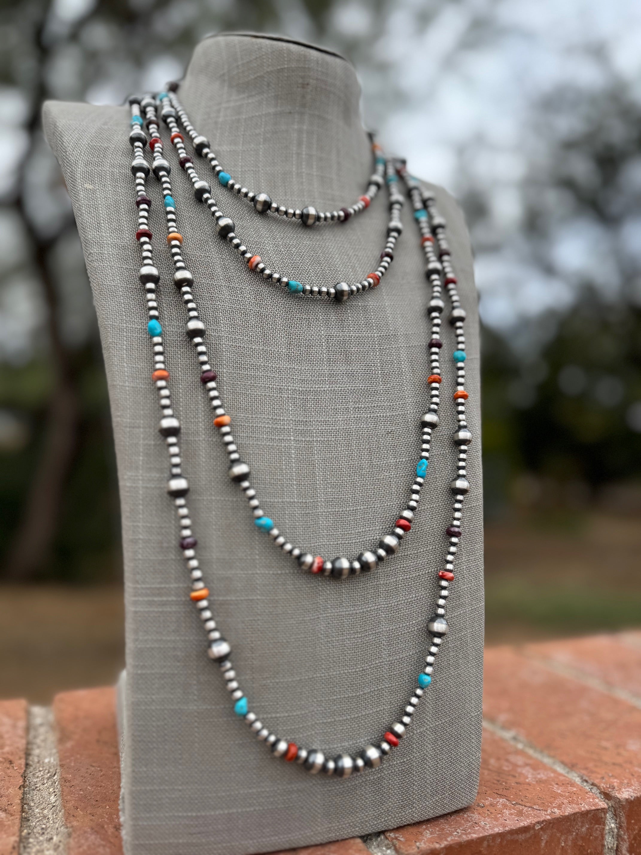 Handcrafted Multi Stone & Sterling Silver 4-8mm Beaded Necklace 36"