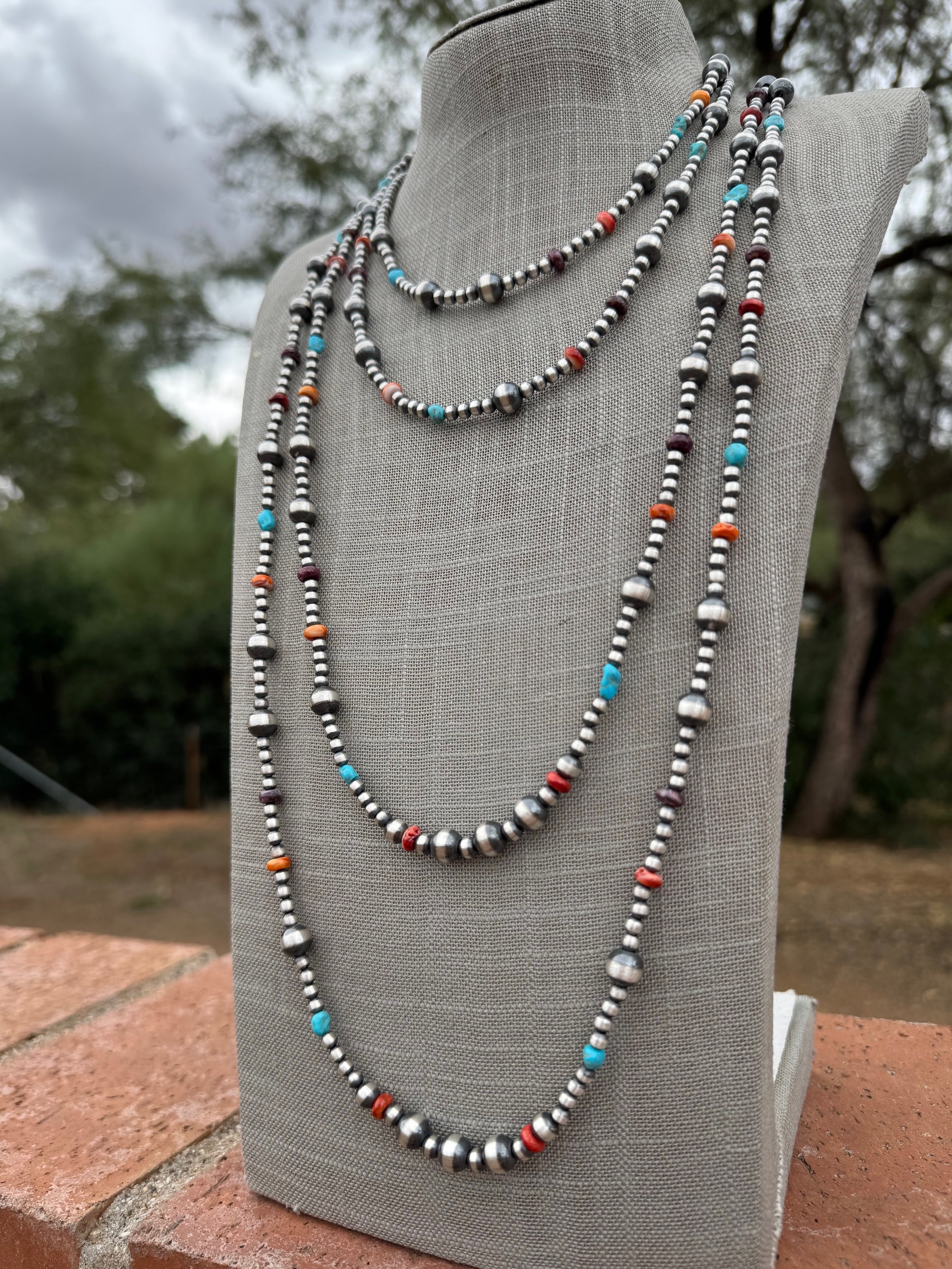 Handcrafted Multi Stone & Sterling Silver 4-8mm Beaded Necklace 36"