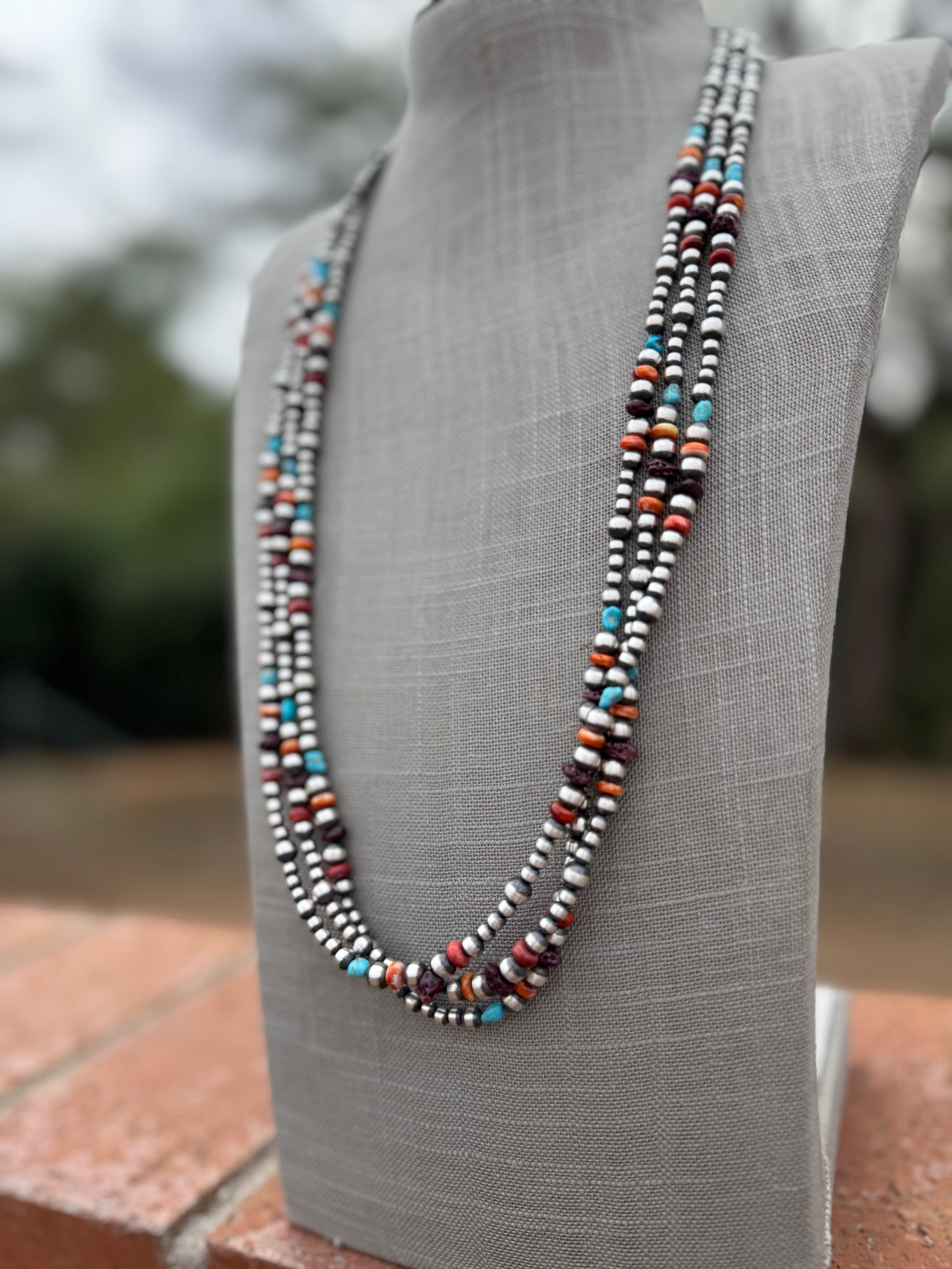 Handcrafted Multi Stone & Sterling Silver 4-6mm Beaded Necklace 30"