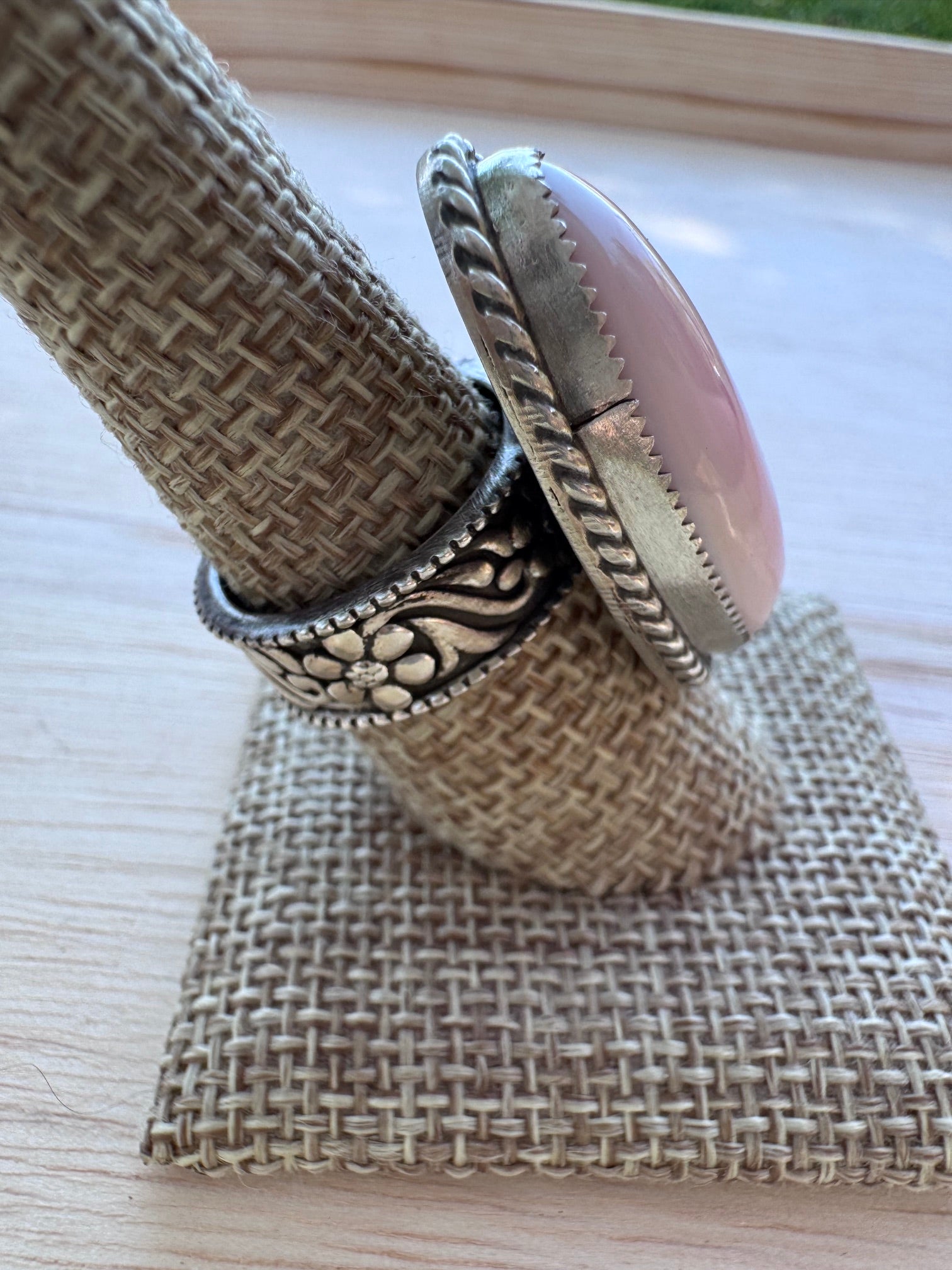 Handmade Sterling Silver Pink Conch Floral Band Ring size 8 by Roaming Buffalo