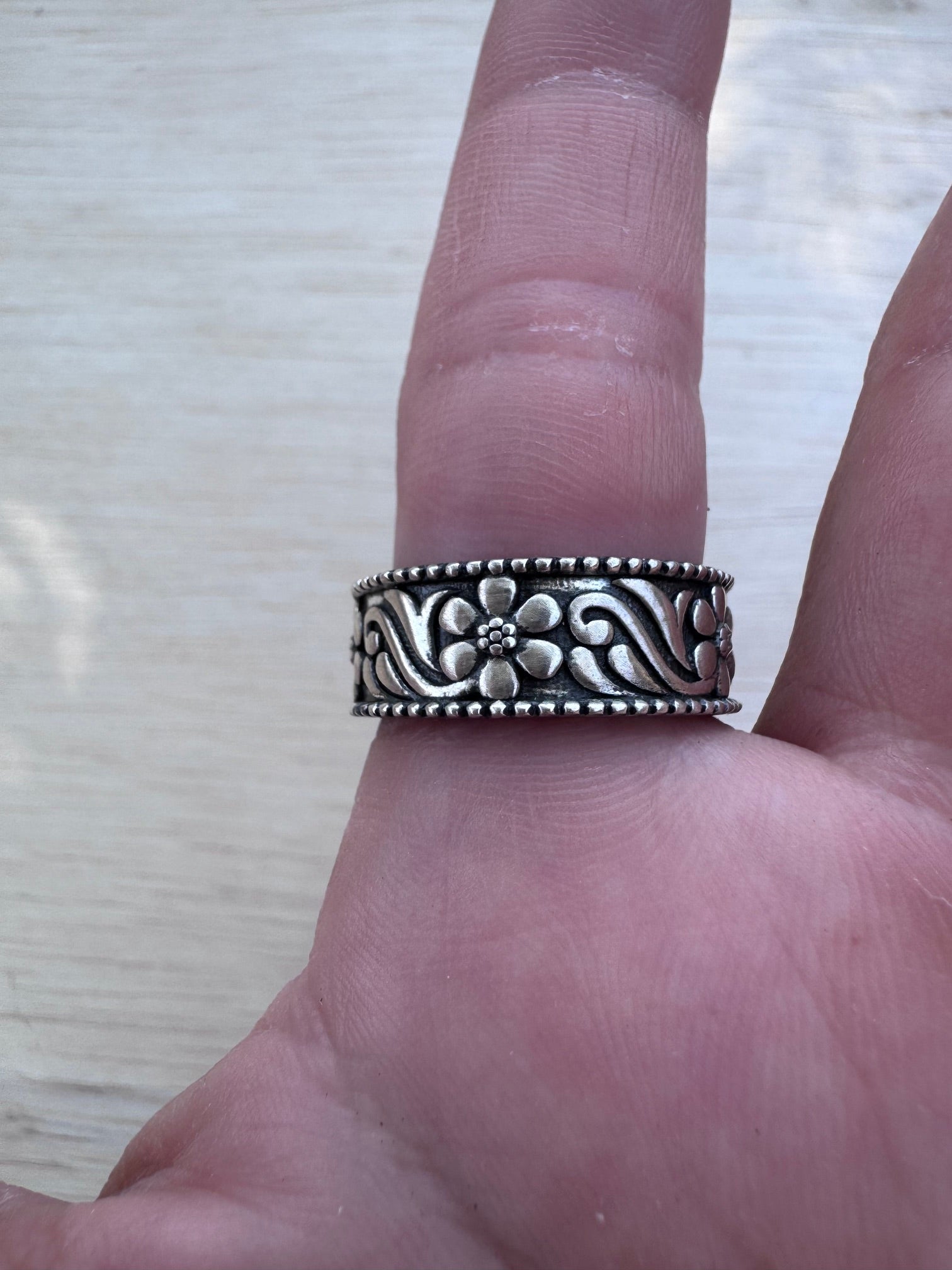 Handmade Sterling Silver Pink Conch Floral Band Ring size 8 by Roaming Buffalo