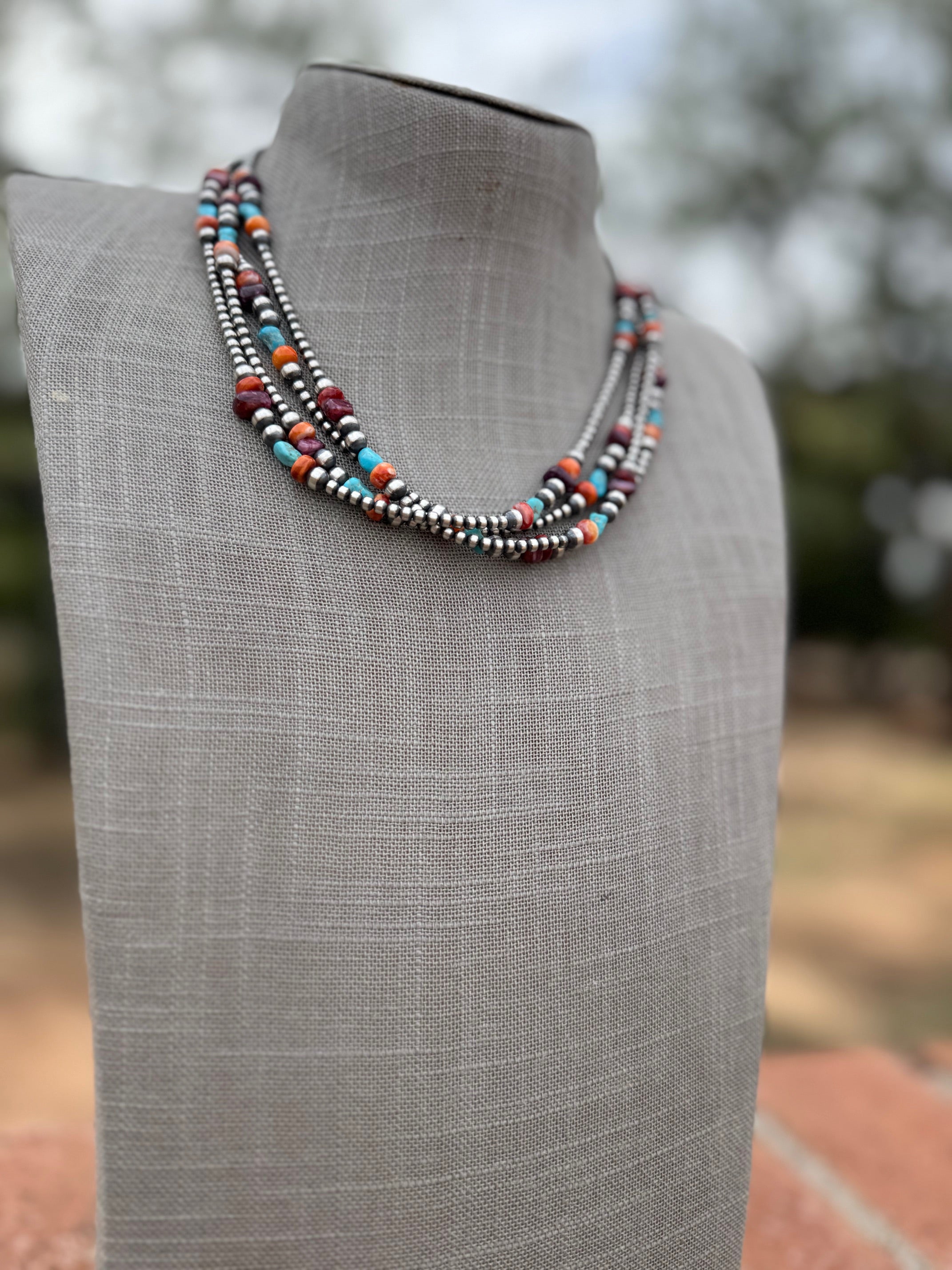 Handcrafted Multi Stone & Sterling Silver 3-5mm Beaded Necklace 18"