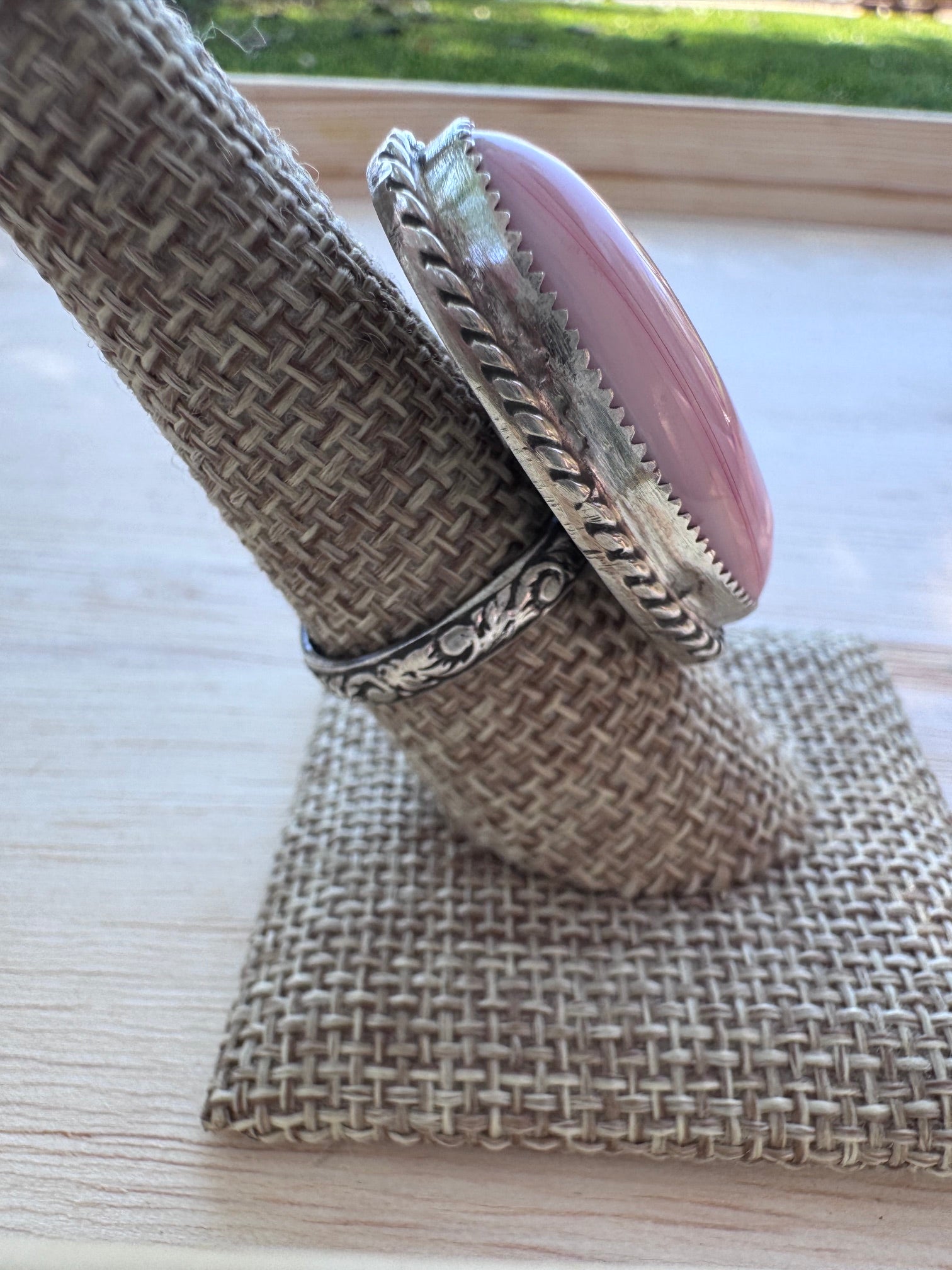 Handmade Sterling Silver Pink Conch Floral Adjustable Ring by Roaming Buffalo