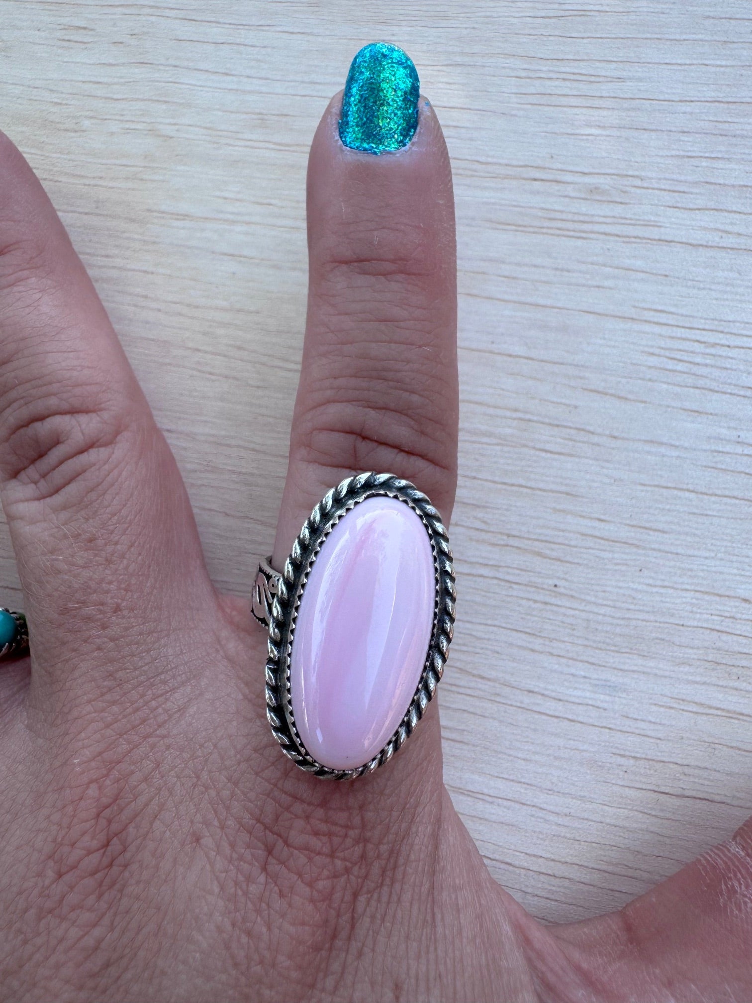 Handmade Sterling Silver Pink Conch Floral Band Ring size 8 by Roaming Buffalo
