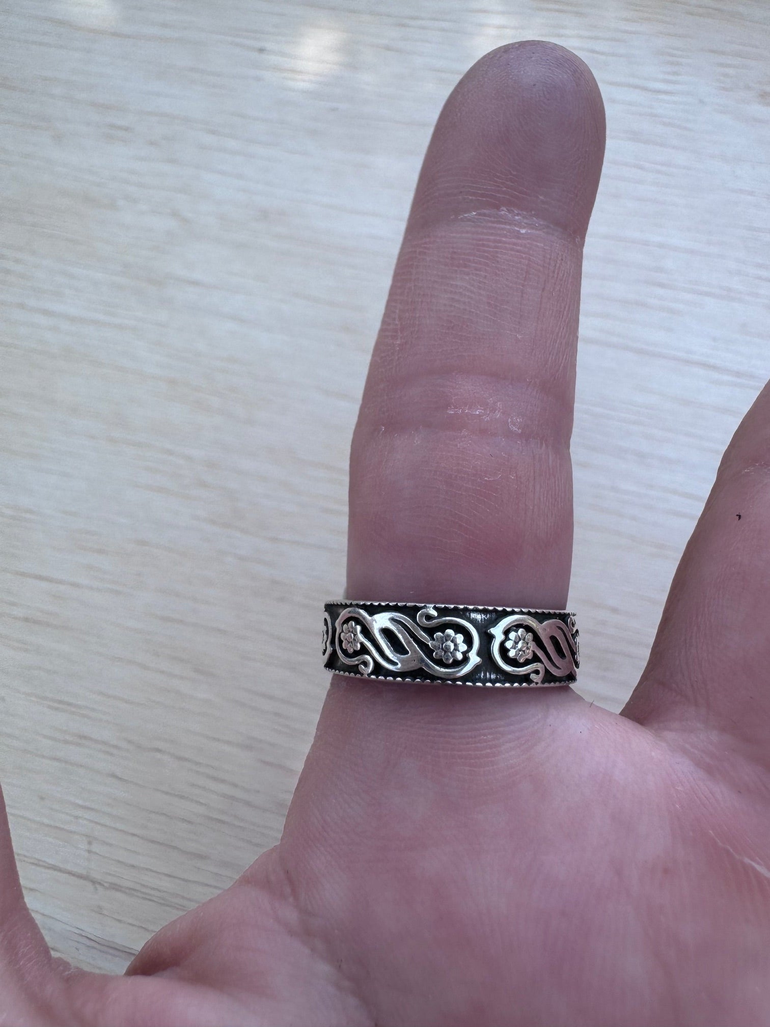 Handmade Sterling Silver Pink Conch Floral Band Ring size 8 by Roaming Buffalo