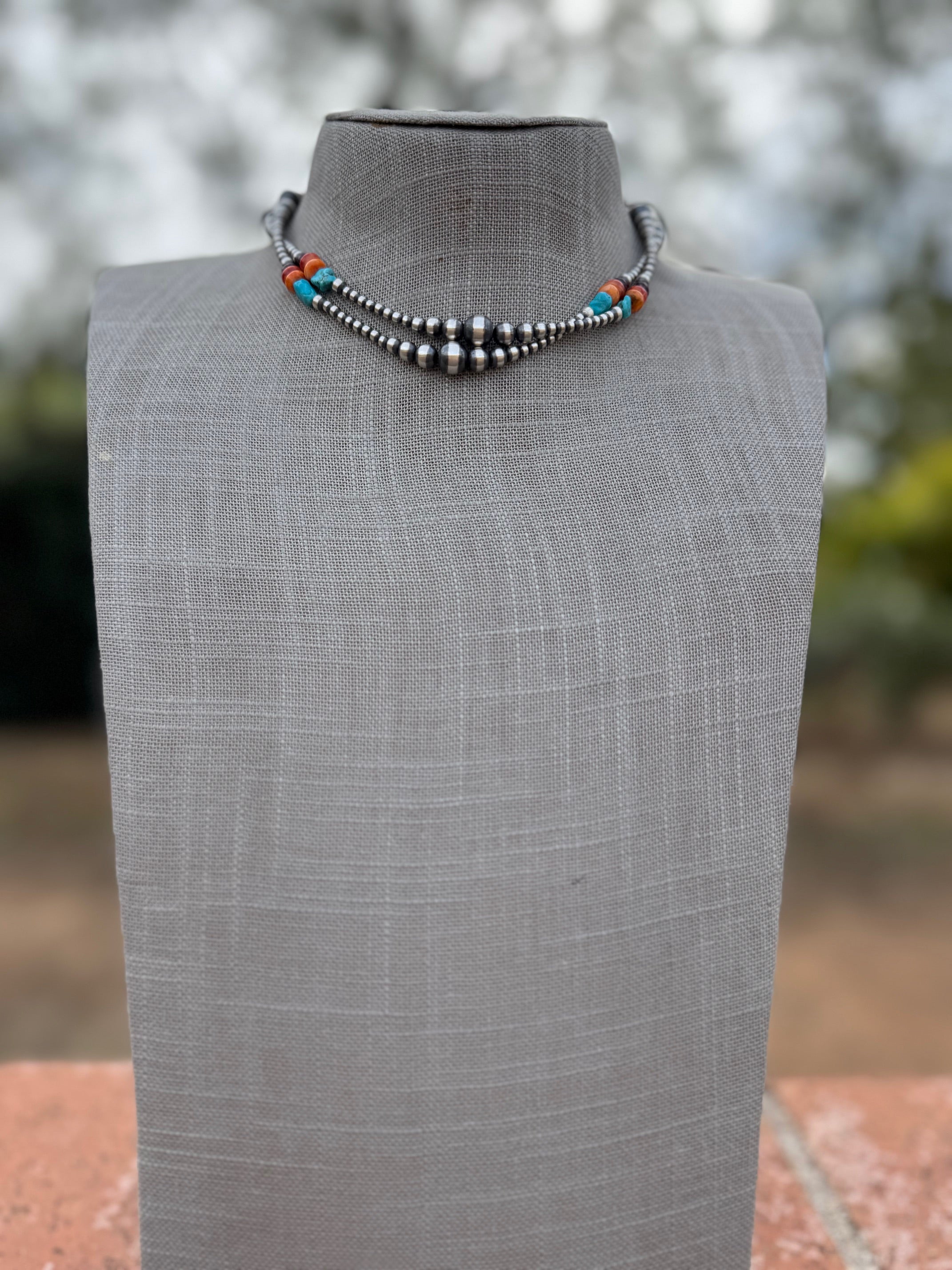 Handcrafted Multi Stone & Sterling Silver 3-8mm Beaded Necklace 14"