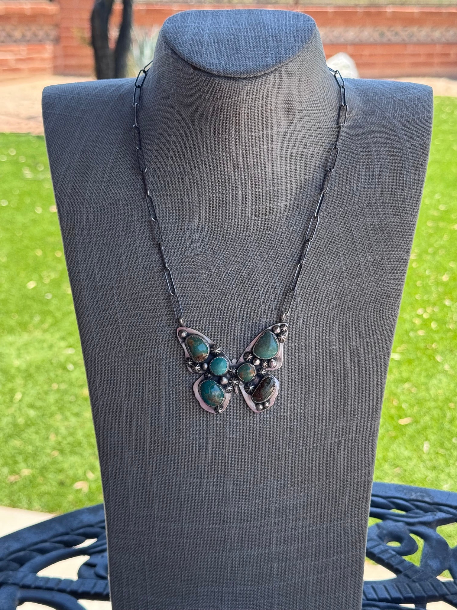 Handmade Sterling Silver & Mixed Media Turquoise Butterfly 20" Necklace by Roaming Buffalo