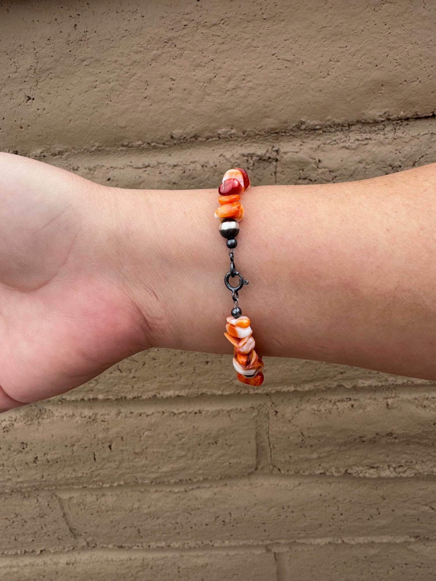 Handcrafted Orange Spiny & Sterling Silver 6mm Beaded Bracelet 7.5"