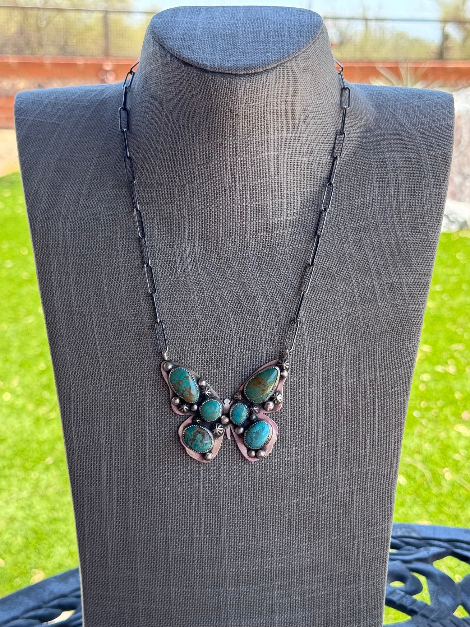 Handmade Sterling Silver & Mixed Media Turquoise Butterfly 20" Necklace by Roaming Buffalo