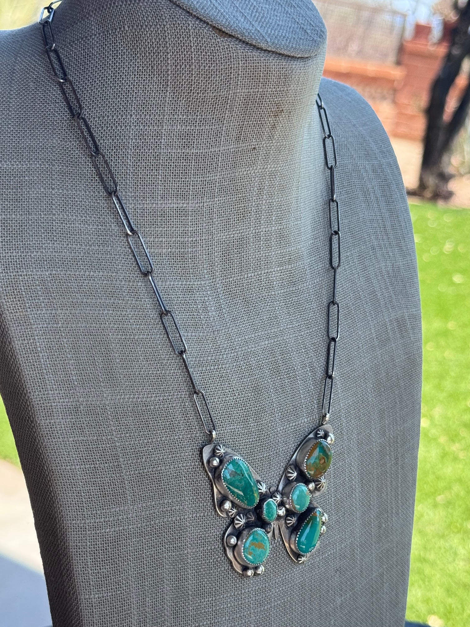 Handmade Sterling Silver & Mixed Media Turquoise Butterfly 19.5" Necklace by Roaming Buffalo