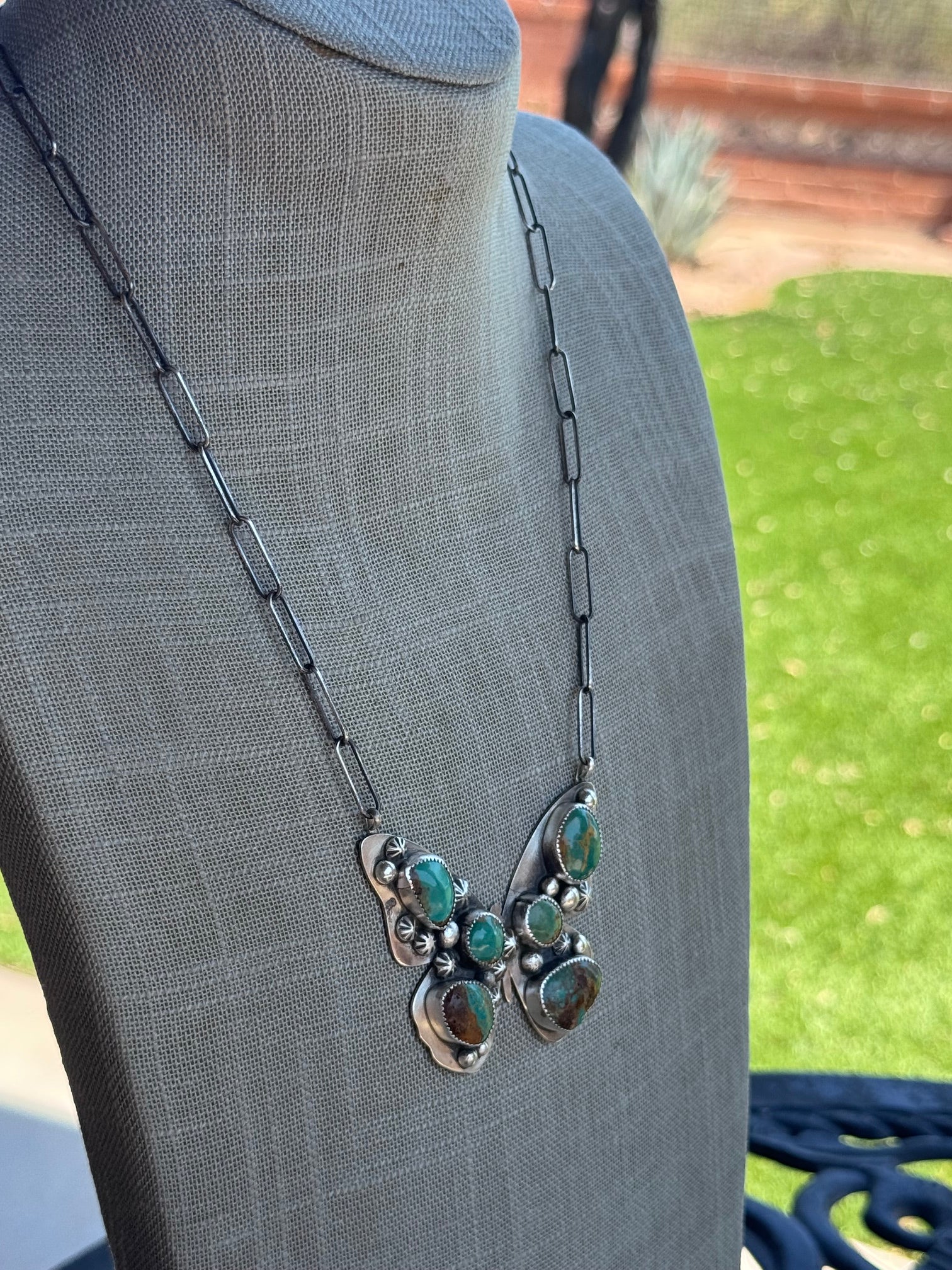 Handmade Sterling Silver & Mixed Media Turquoise Butterfly 19.75" Necklace by Roaming Buffalo