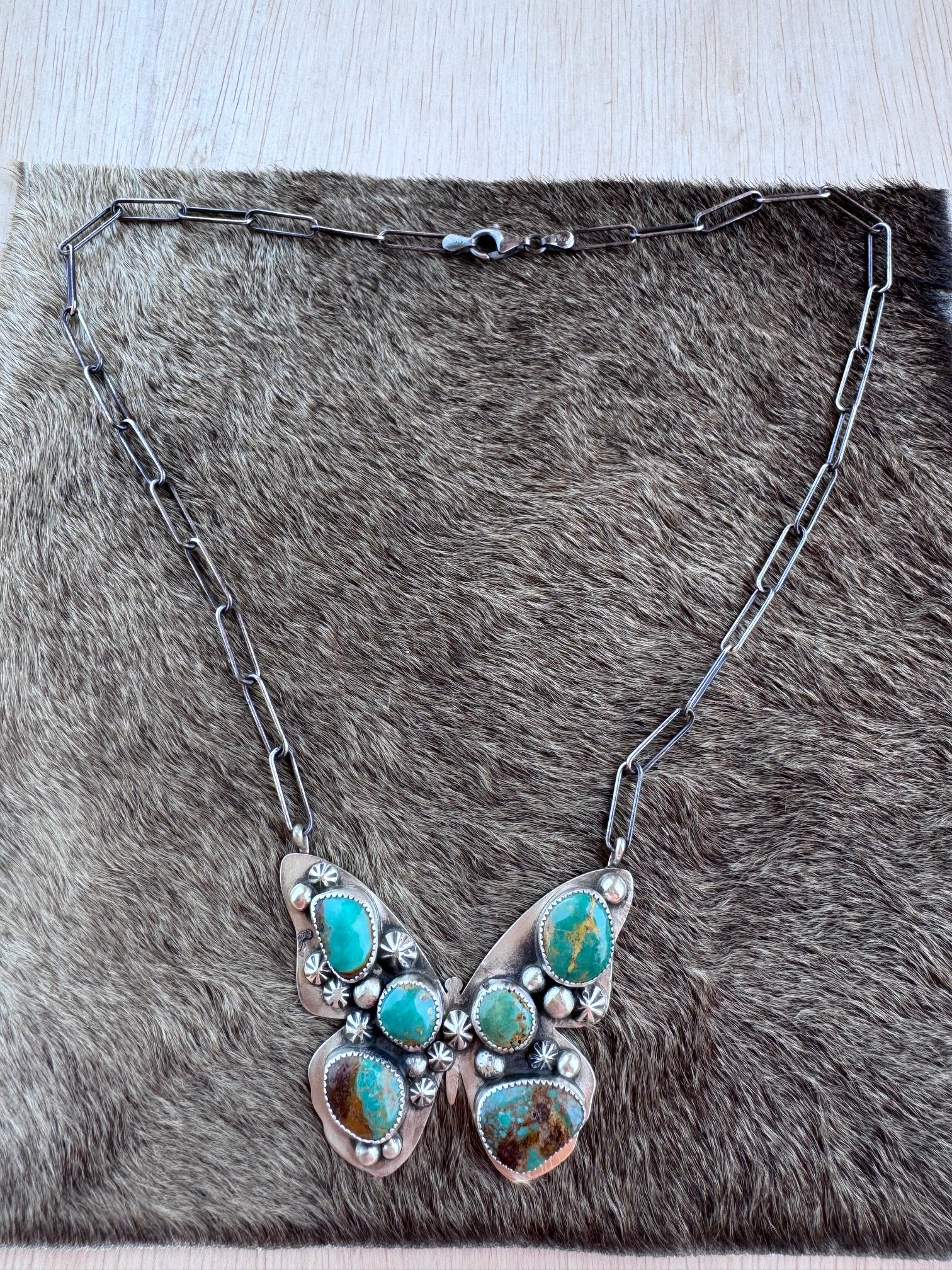 Handmade Sterling Silver & Mixed Media Turquoise Butterfly 19.75" Necklace by Roaming Buffalo