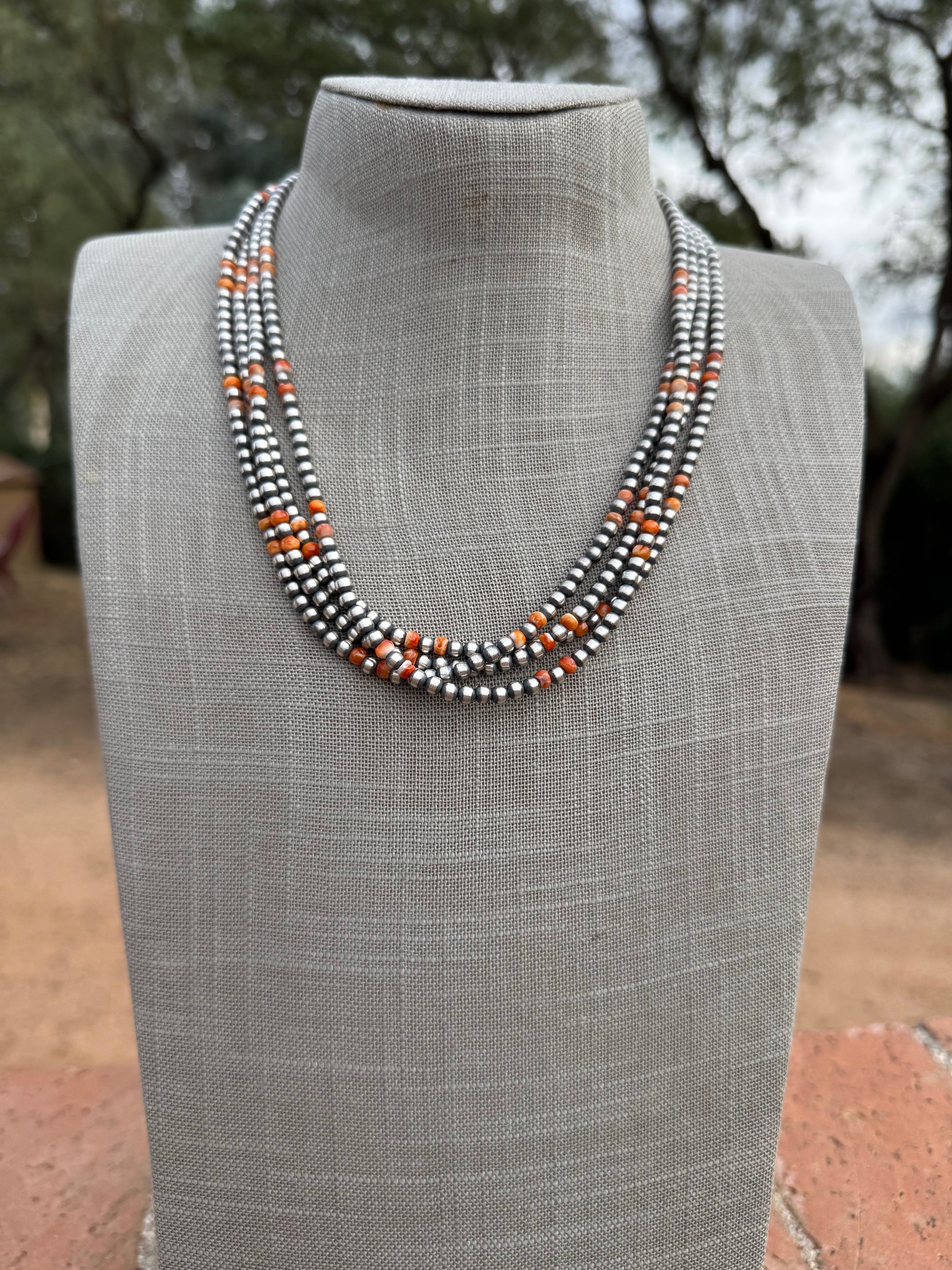 Handcrafted Orange Spiny & Sterling Silver 4mm Beaded Necklace 20"